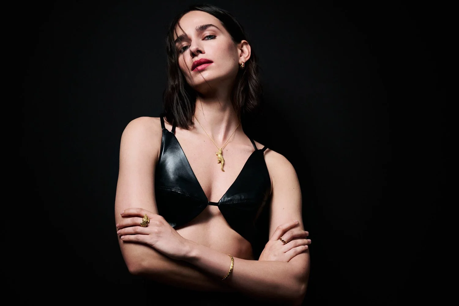 A woman with dark hair and fair skin posing with her arms crossed against a black background, wearing a black leather top, gold jewelry, and minimal makeup.