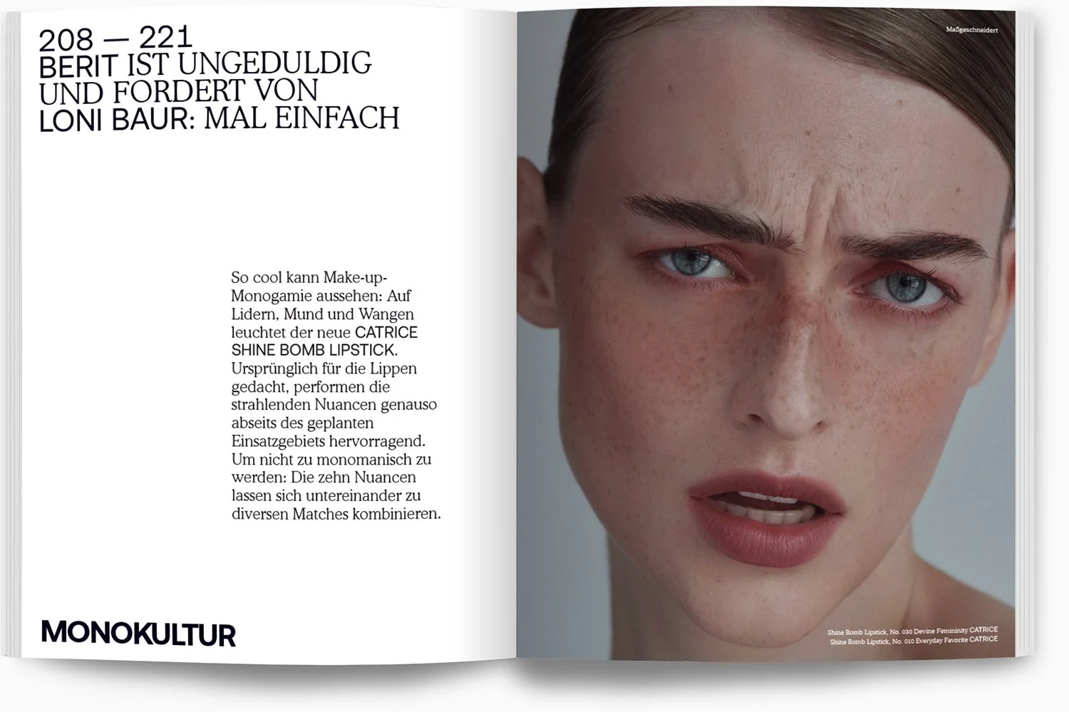 Doppelseite eines Magazins, links Text mit Überschrift und Beschreibung, rechts ein Nahaufnahme eines jungen Mädchens mit blauen Augen und Sommersprossen, das die Lippe leicht öffnet.