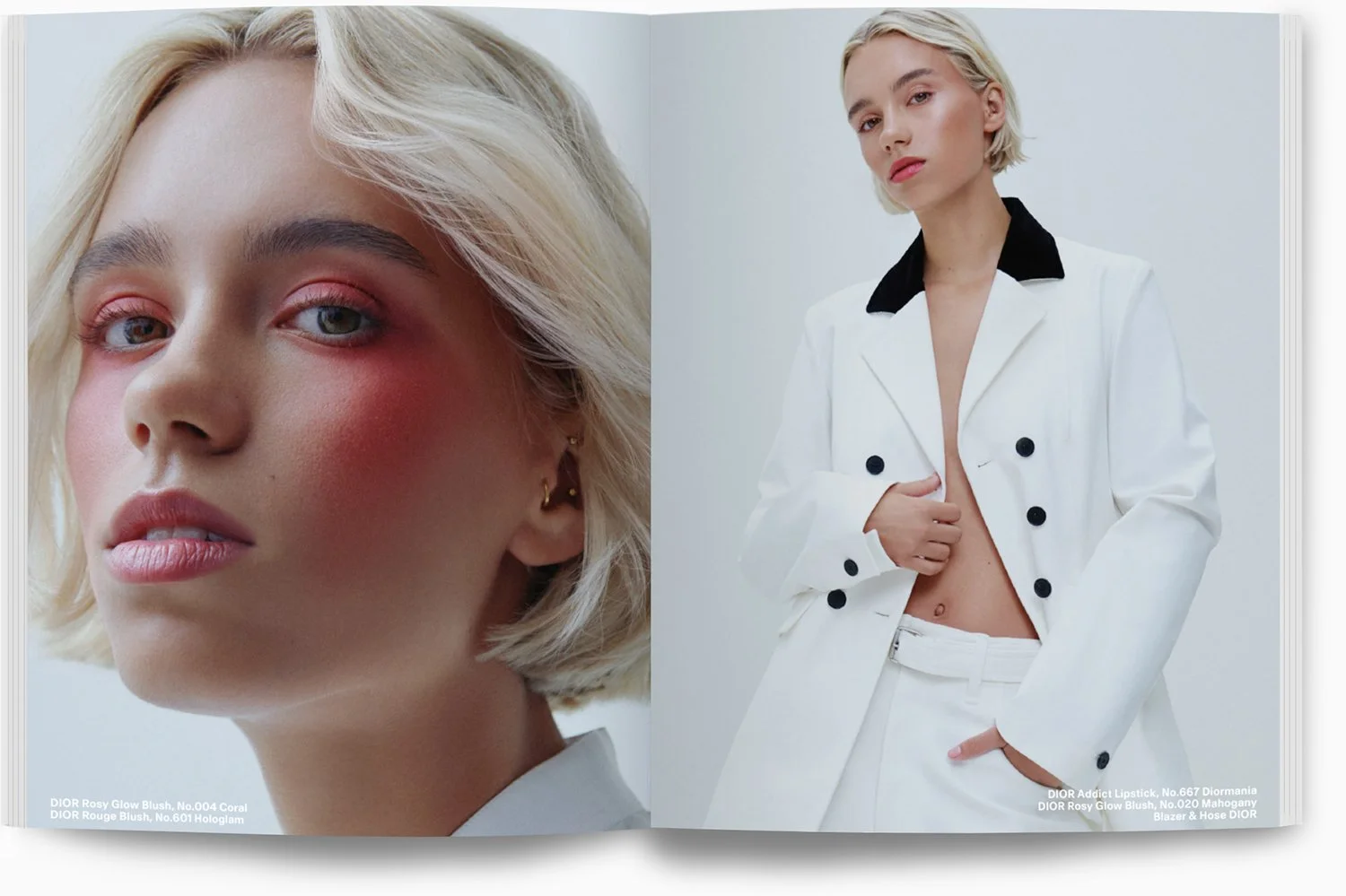 Zwei Modefotos: Links Nahaufnahme eines Mädchens mit blonder, kurzer Bobfrisur und makeup in Rosatönen. Rechts ein Model in weißem Anzug mit schwarzen Details, das die Jacke leicht öffnet, um den Bauch zu zeigen.