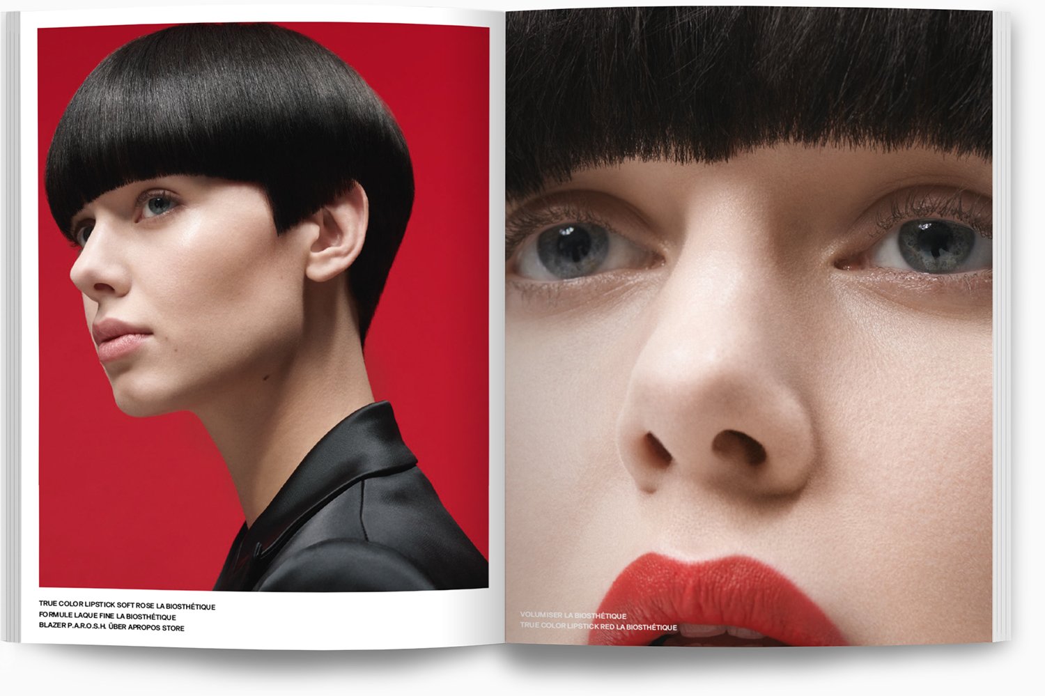 Doppelbild von Modeln mit kurzen schwarzen Haaren, das linke Bild zeigt eine Profilaufnahme vor rotem Hintergrund, das rechte Bild ist eine Nahaufnahme des Gesichts mit rotem Lippenstift.