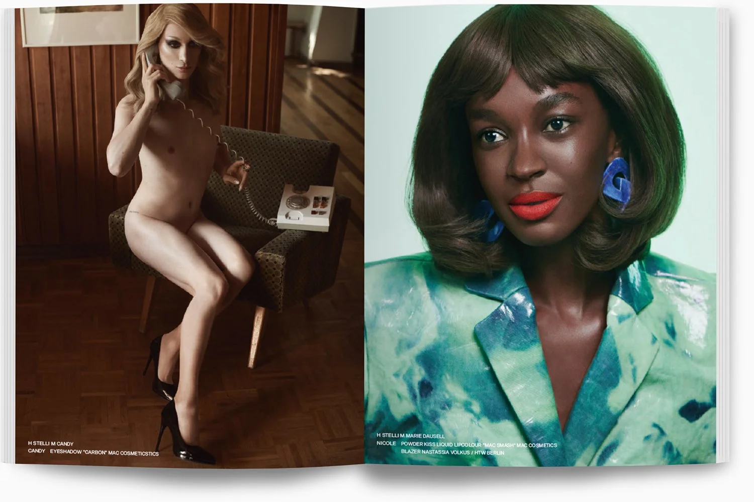 Zwei weibliche Porträtfotos. Das linke Bild zeigt eine weibliche Person, die auf einem Stuhl sitzt, nackt, mit schwarzen High Heels und einem alten Telefon. Das rechte Bild zeigt eine weitere weibliche Person mit schwarzen Locken, rotem Lippenstift, 