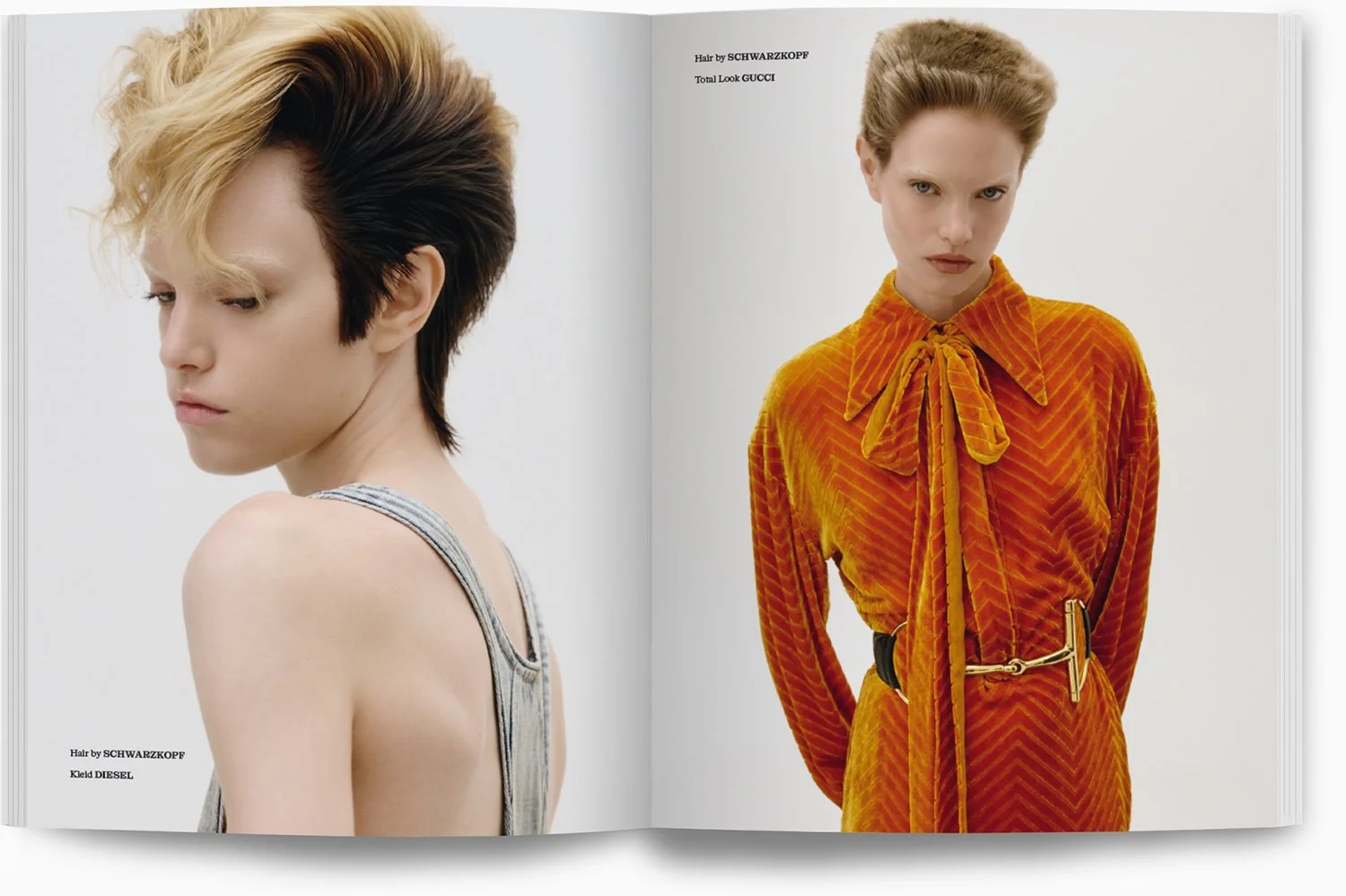 Zwei Frauen in einem Fotomagazin. Die linke Frau hat kurze, zweifarbige Haare (blond und dunkelbraun) und trägt ein ärmelloses Oberteil aus Denim. Die rechte Frau trägt ein orangefarbenes, seidiges Outfit mit Schleife am Hals und Gürtel. Beide Frauen schauen ernst.