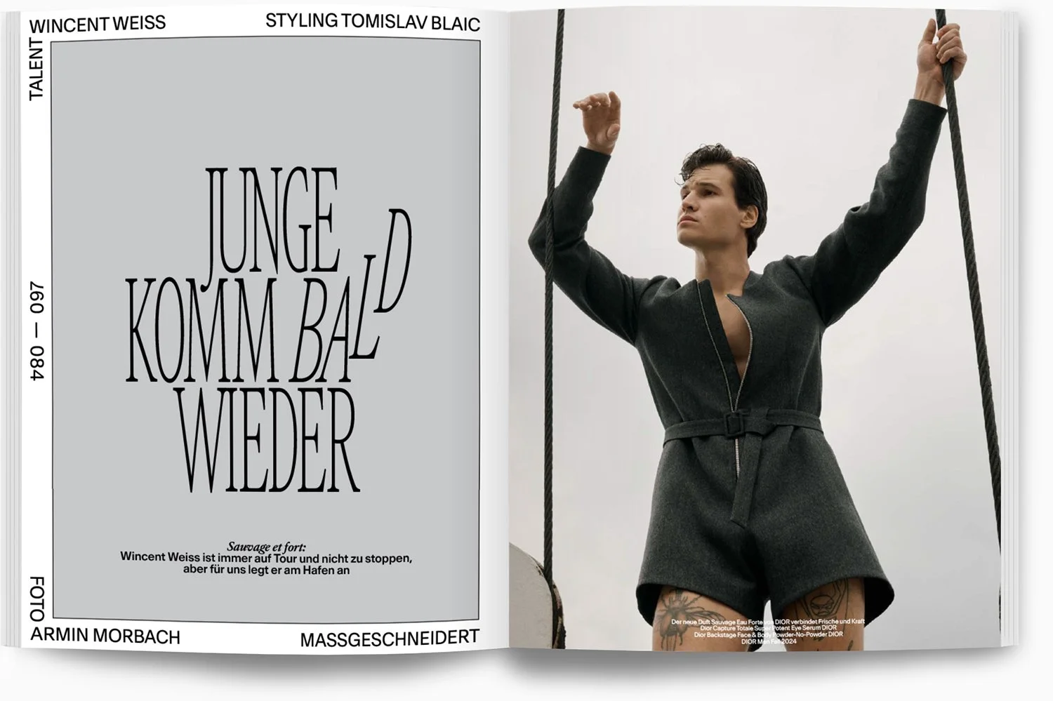 Doppelseite eines Magazins mit einem modernen Model auf der rechten Seite und einem grauen Kasten auf der linken Seite, der den Titel "Junge kommt bald wieder" trägt, sowie zusätzlichen Text und Informationen.