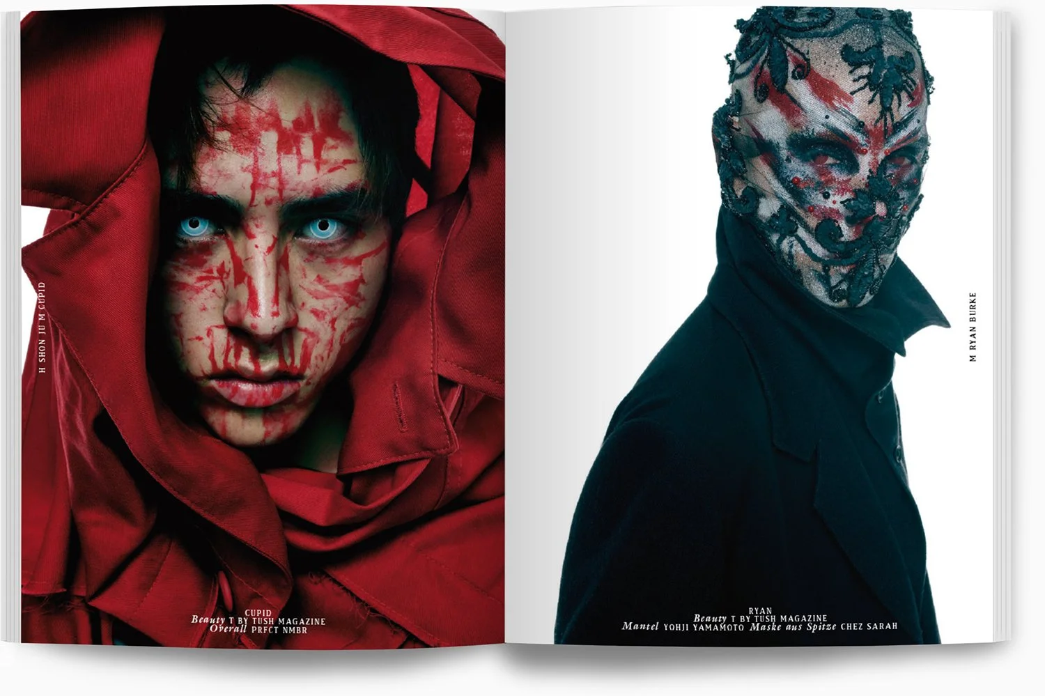 Zwei Models in künstlerischer Fotografie, links ein Mann mit blauen Augen, rotem Hood und gestreiftem Make-up, rechts eine Frau in dunklem Mantel mit makellosem Make-up und einem dekorativen Gesichtsschutz, beide Fotos sind modisch und ausdrucksstark