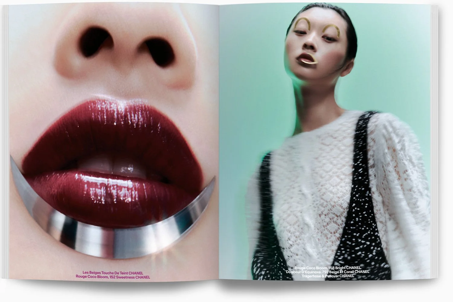 Nahaufnahme von vollen, glänzenden roten Lippen, daneben eine Frau mit asymmetrischer Frisur, rotem Lippenstift und grauen Augenbrauen. Beide Bilder scheinen aus einer Mode- oder Kosmetikpublikation zu stammen.