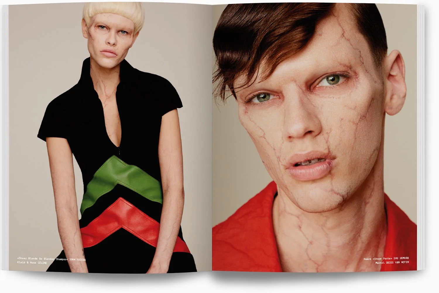 Zwei Models in Modefotos, auf der linken Seite ein Model in einem schwarzen Kleid mit grünen und roten Zierstreifen, auf der rechten Seite ein Nahaufnahme eines männlichen Models mit sichtbaren Adern im Gesicht und roten Kleidung.