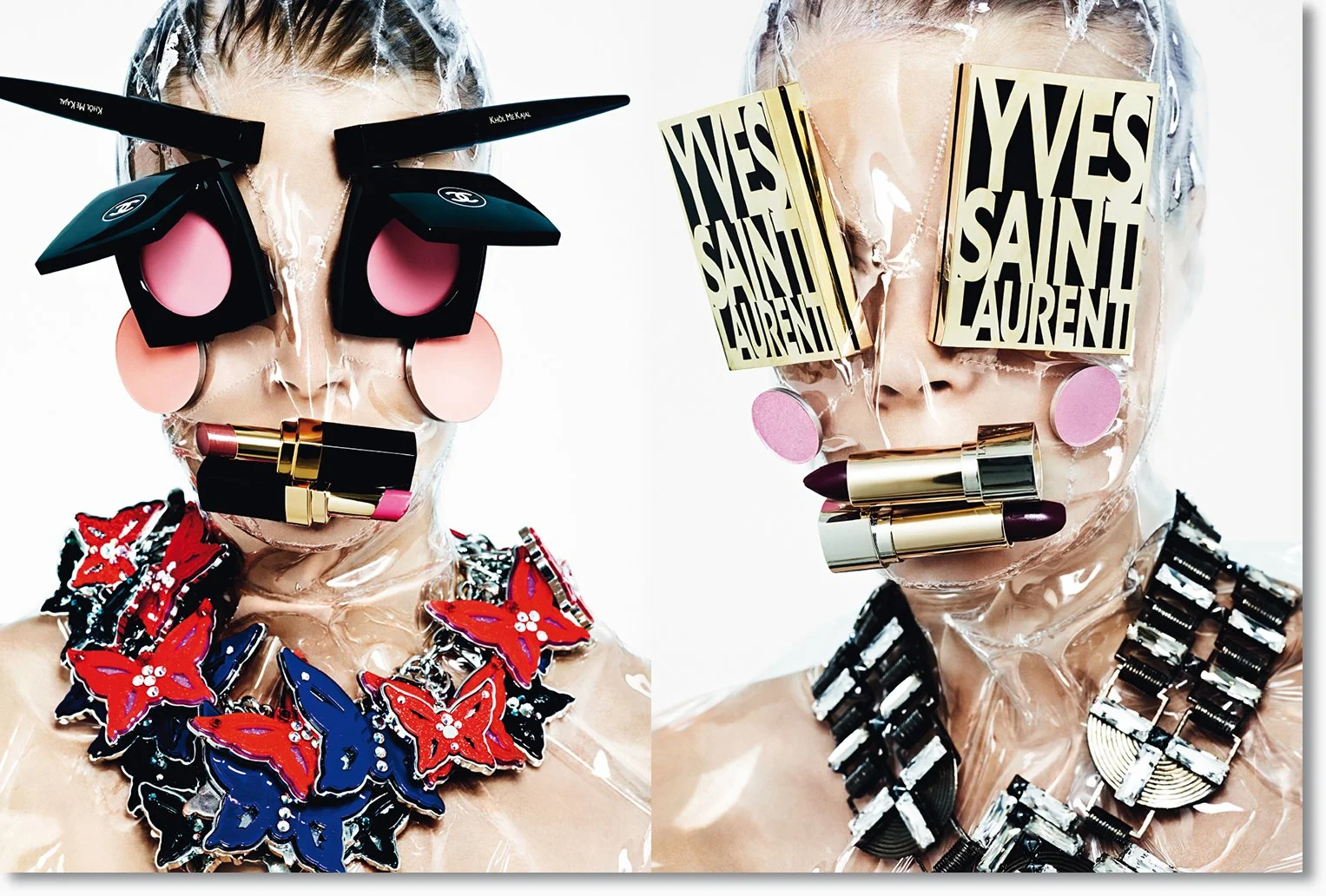 Kunstwerk einer modellhaften Figur mit Mode-Accessoires, die als Kunstinstallation dient. Die Figur ist transparent, trägt auffällige Schmuckstücke und Accessoires, die auf Mode- und Kosmetikmarken wie Yves Saint Laurent hinweisen.