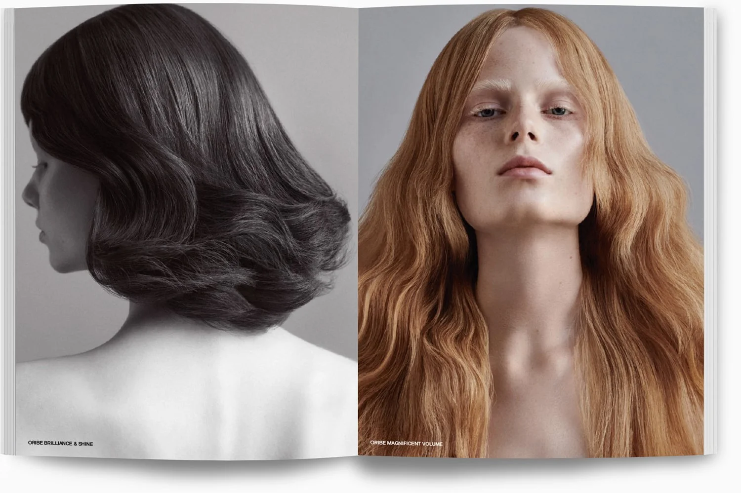 Geteiltes Bild: links eine schwarze und weiße Fotografie eines Frauenhauers, rechts eine farbige Fotografie eines roten, lockigen Frauenhaars