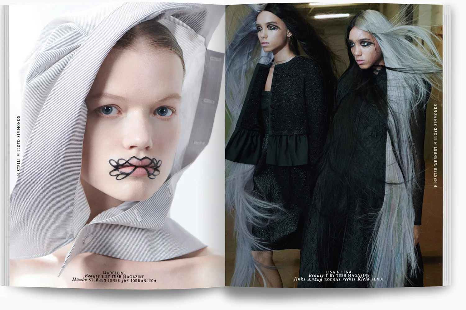 Zwei Modefotos. Das linke Bild zeigt ein Mädchen mit blauer Augen, das einen weißen Kapuzenpulli trägt mit stilvollem schwarzen Nasen- und Mundschmuck. Das rechte Bild zeigt zwei Frauen in schwarzen Outfits, mit langem, gefärbtem Haar (blau, grau).