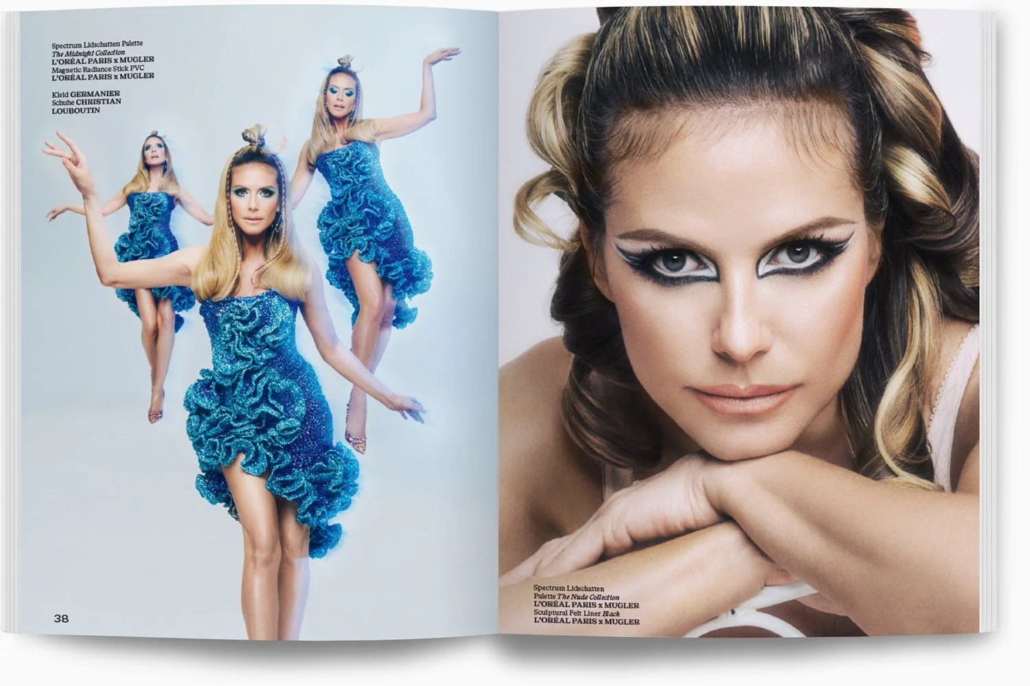 Fotografie eines Models in einem blauen, rüschenreichen Kleid auf der linken Seite und ein Nahaufnahme ihres gesichtes mit dramatischem Make-up auf der rechten Seite.