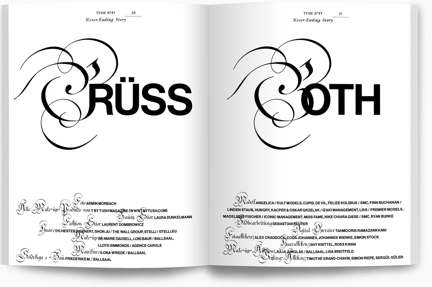 Auf einer geöffneten Zeitschriftseite sind die Worte 'GRÜSS' und 'OTH' in großen schwarzen Buchstaben, dekorativ mit Schriften und Ornamenten gestaltet. Darunter sind mehrere Zeilen mit kleinen, stilisierten Texten und Namen, die wahrscheinlich die A
