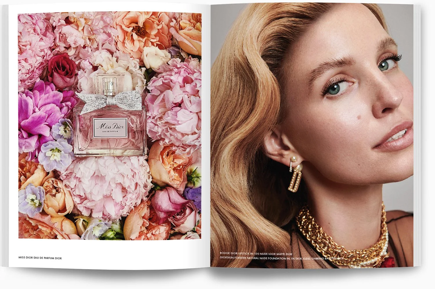 Der linke Bild zeigt eine Flasche Miss Dior Eau de Parfum, umgeben von rosa, lila und peachfarbenen Blumen. Das rechte Bild ist ein Porträt einer Frau mit blonden, gewellten Haaren, die romantisch wirkt und goldenen Schmuck trägt.