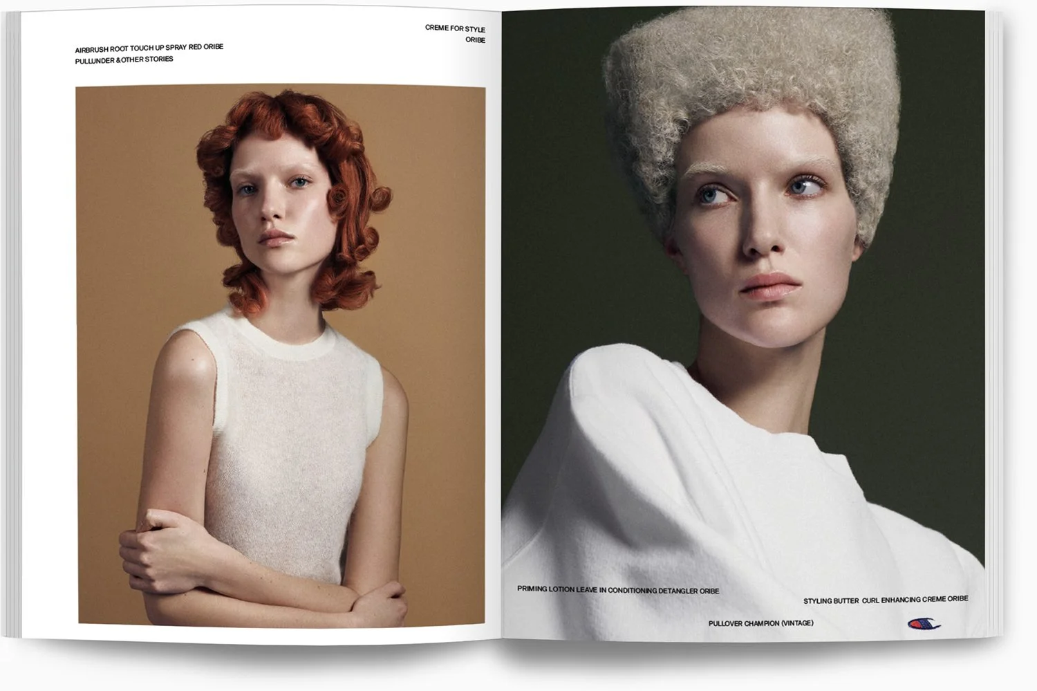 Zwei Model-Fotoseiten aus einer Modezeitschrift mit Porträts von Frauen mit unterschiedlichen Frisuren und Make-up, die auf neutralen Hintergründen posieren.