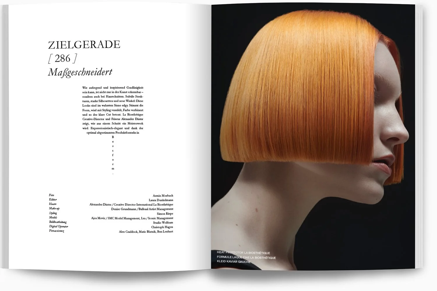 Seite mit Text auf der linken Seite und ein Fotos eines Modells mit gerader, orangefarbener Bob-Frisur auf der rechten Seite.