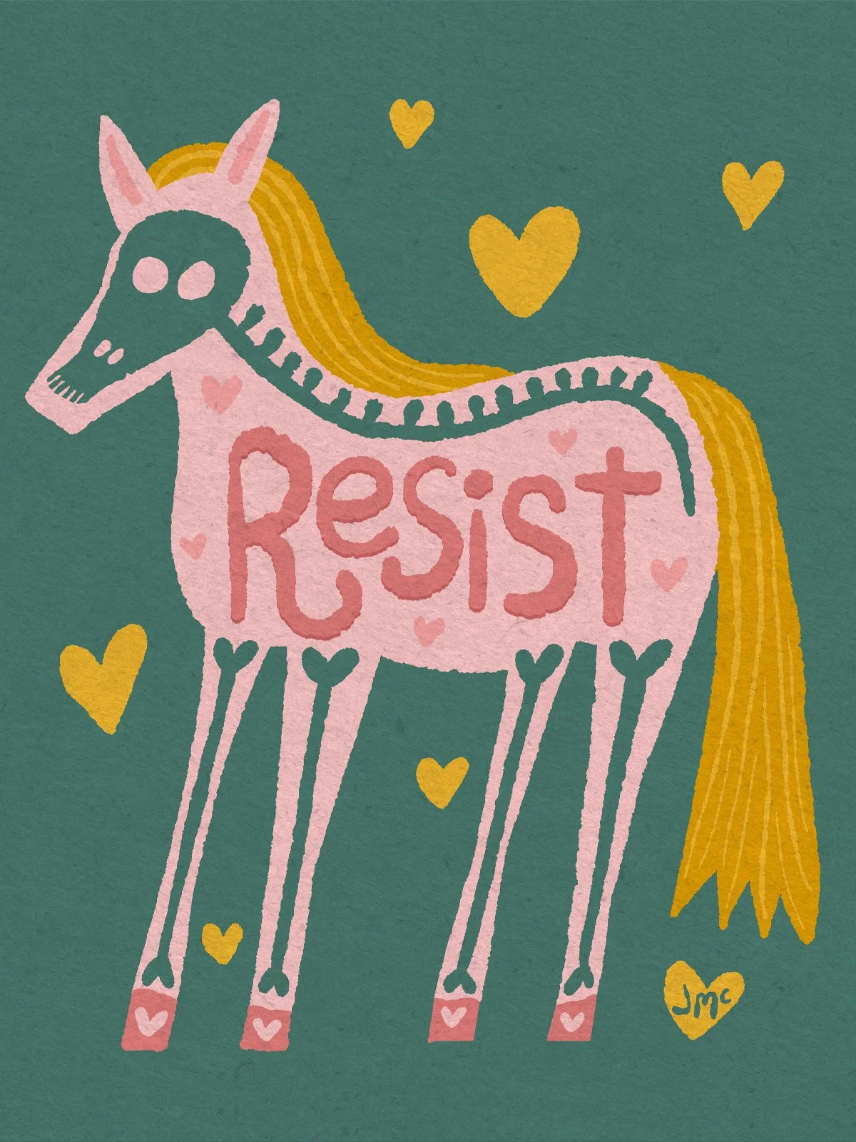 A folk art illustration of a horse with a skeleton and hearts, done in an organic style with shades of green, pink and yellow. 