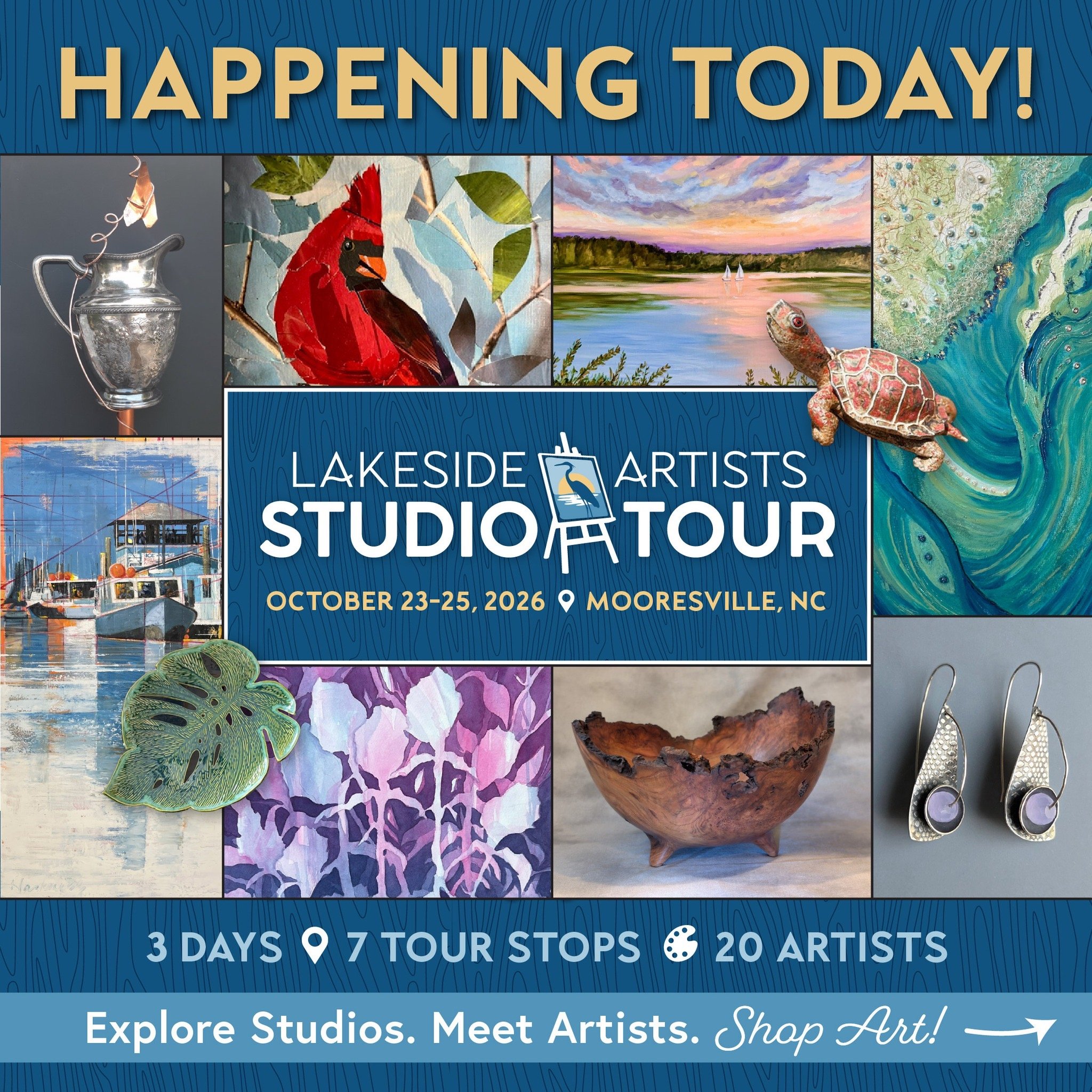 📣Good morning, Lake Norman! Today is KICK-OFF DAY!

The 18th Annual Lakeside Artists Studio Tour starts TODAY! 🥳 Get ready for 3 days of art, inspiration, and one-of-a-kind finds throughout the Lake Norman community!

✨ Make a day of it! Explore ar