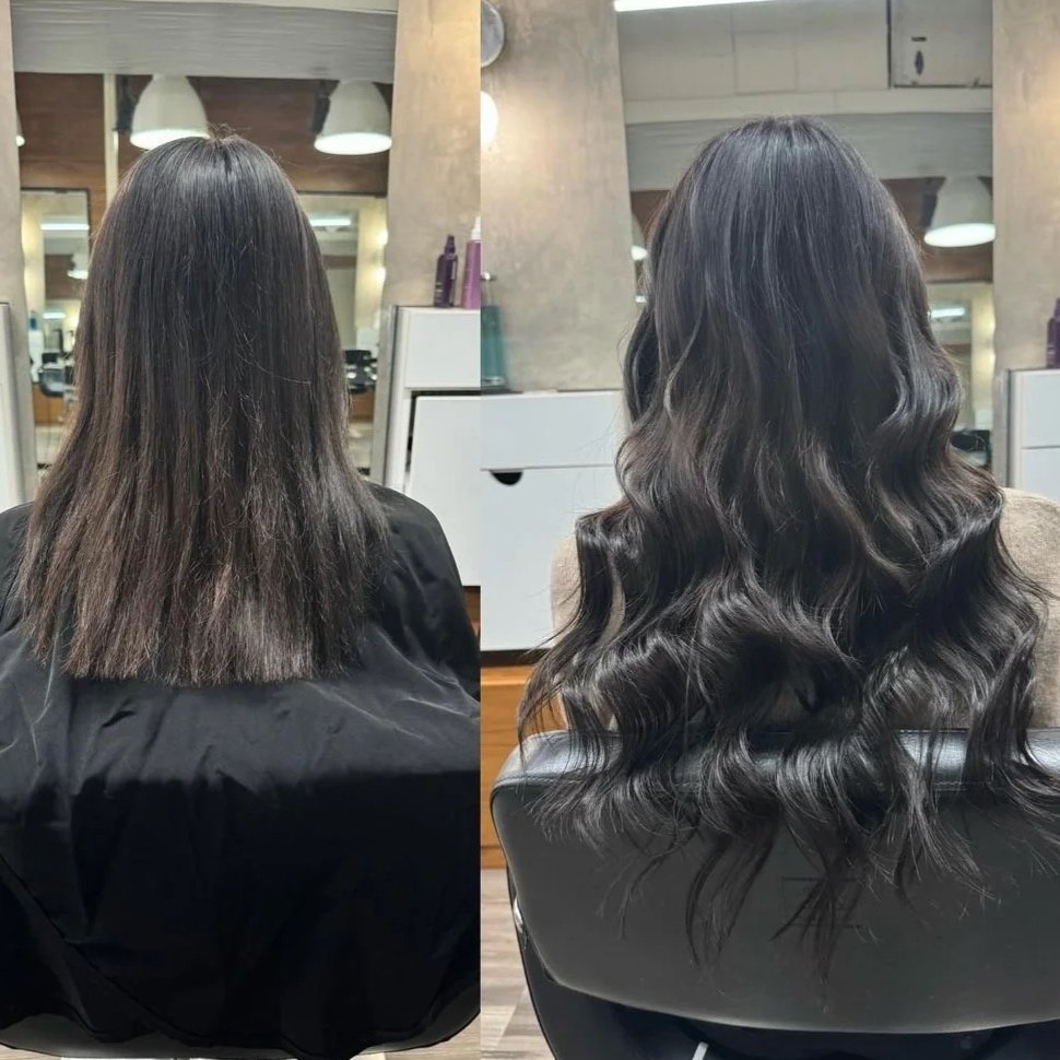 Side-by-side comparison of a woman's hair before and after styling. The left shows straight, dull hair, and the right shows wavy, shiny hair.