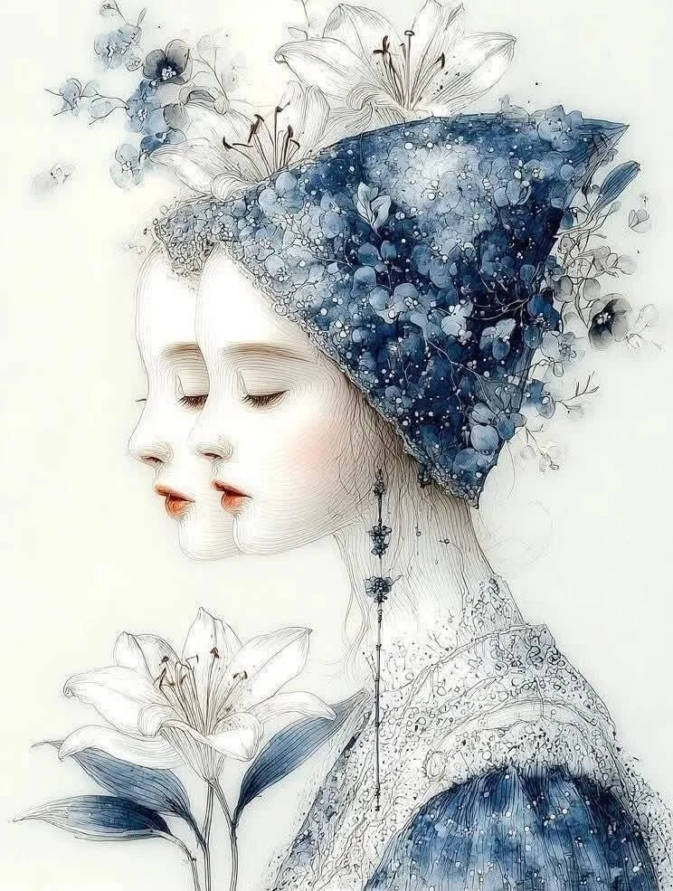 Un'illustrazione di una donna con occhi chiusi, con un cappello decorato con fiori e foglie, accompagnata da fiori freschi, in stile artistico dettagliato e delicato.