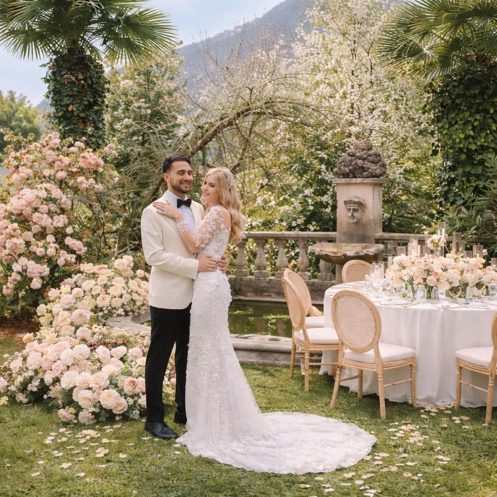 Una coppia di sposi felici si abbraccia davanti a un giardino fiorito con tavolo da matrimonio decorato con fiori e candele in location per microwedding su Lago di Como