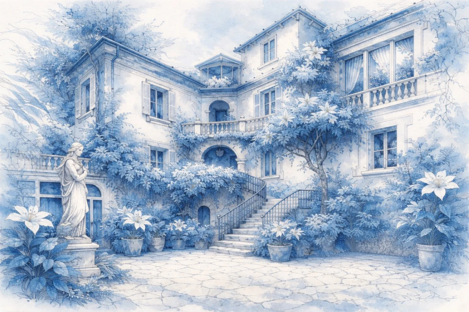 Un cortile interno di una casa in stile classico, con fiori, piante, una statua e scale, tutto dipinto in stile acquerello con tonalità di blu e bianco. Microwedding in Como Lake,  Shooting in Como Lake, Engagement in Como Lake, Events in Como Lake. 