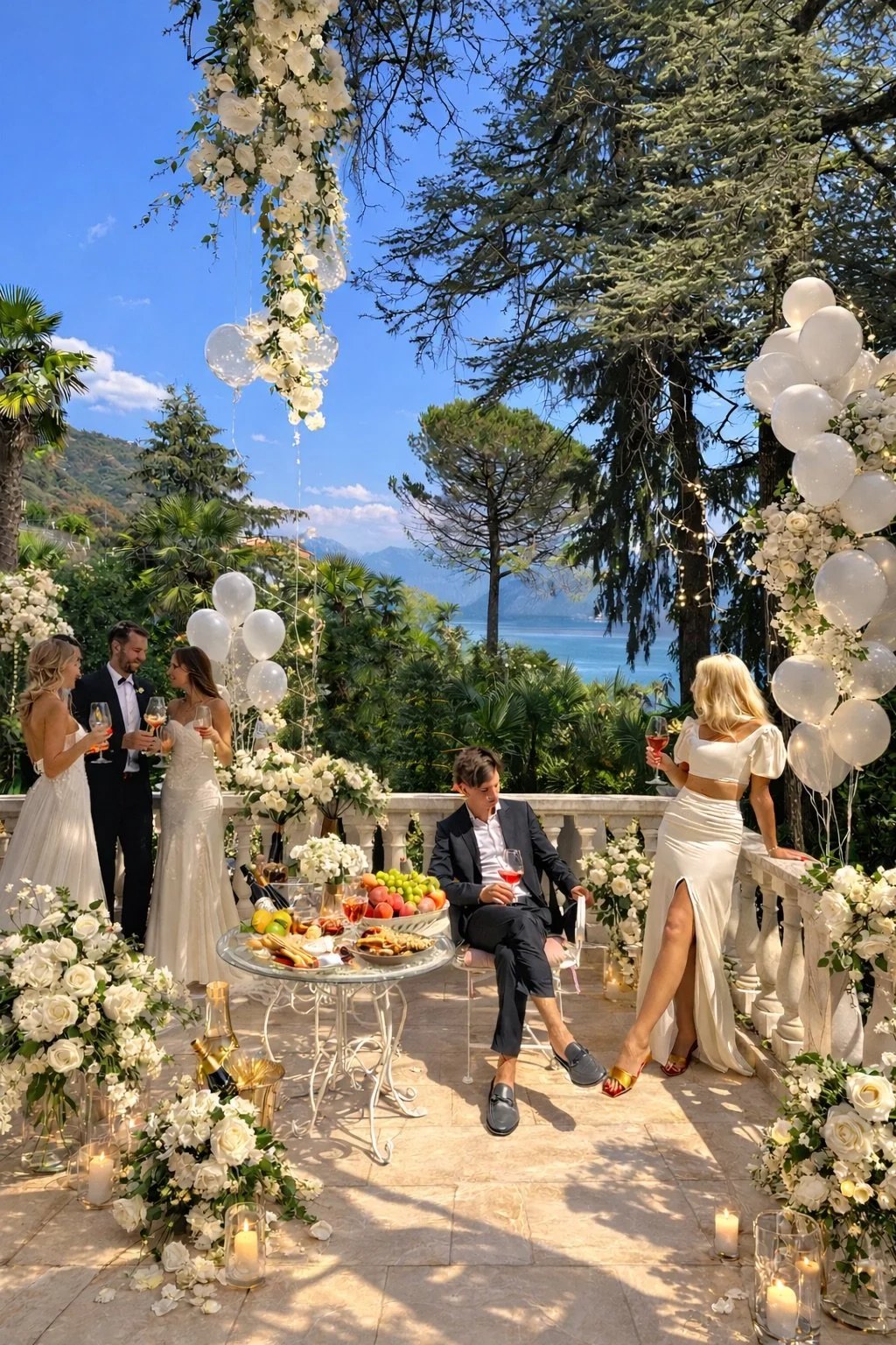 Cerimonia di nozze all'aperto con decorazioni di fiori bianchi, palloncini e luci, con vista su un lago e montagne, persone eleganti che brindano, situazione festosa e romantica.