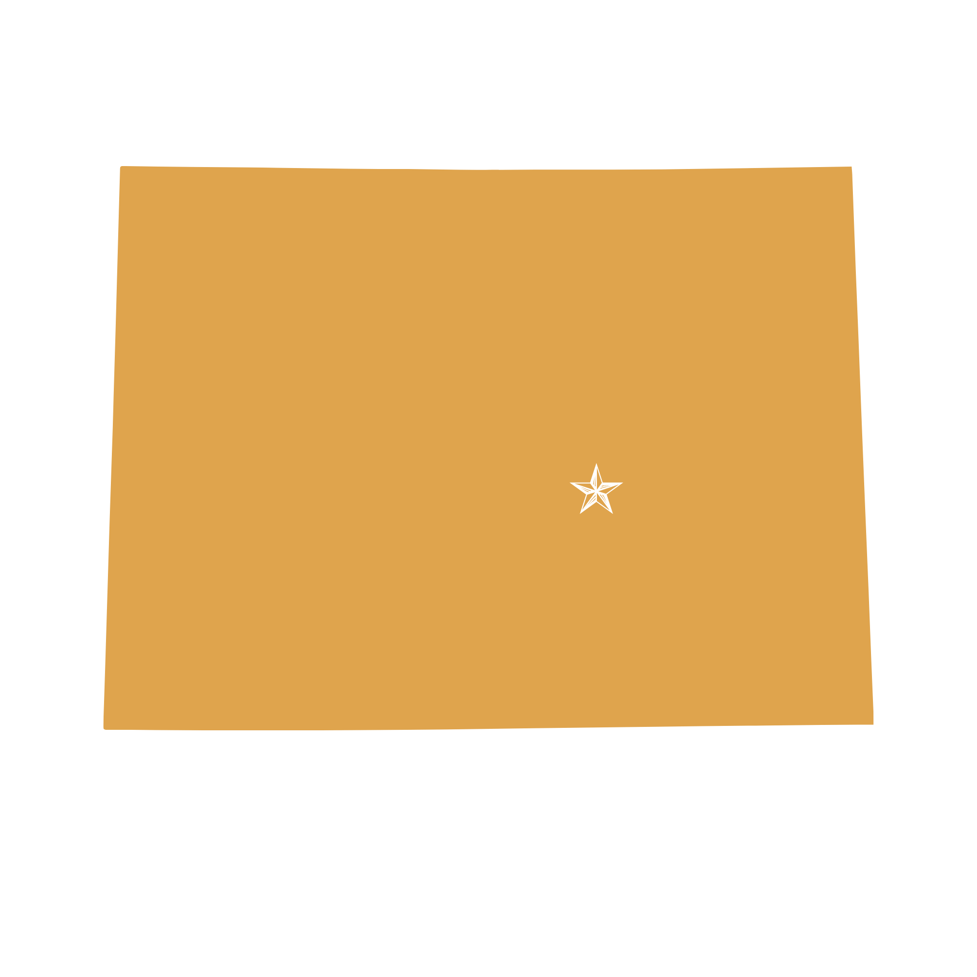 Graphic of the state of Colorado in tan with a white star in the center and the word 'COLORADO' below in white, bold, Western-style font.