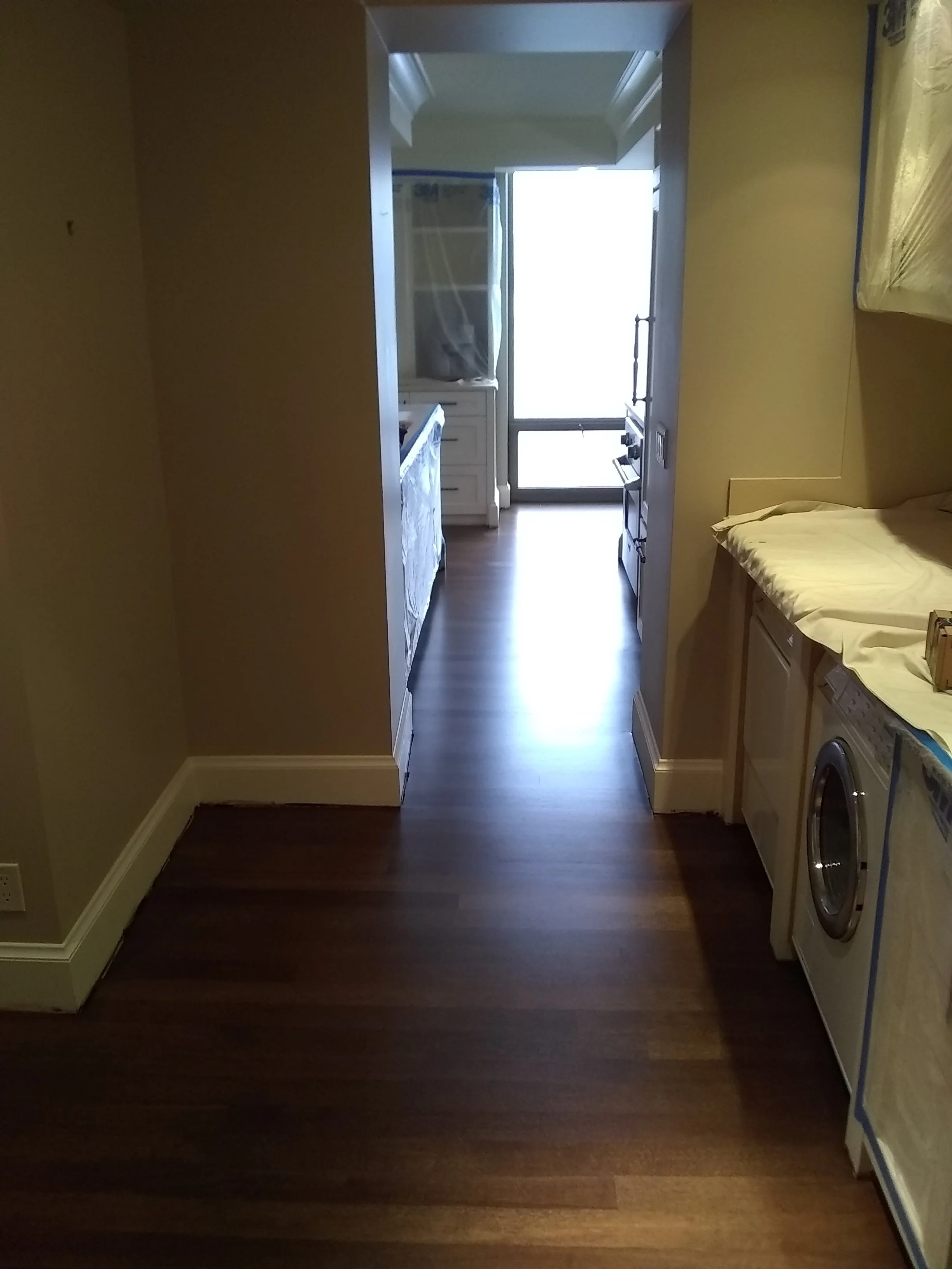 View from a room looking into a kitchen area with a door leading outside, showing a white cabinet, a washing machine, and sunlight coming through the door.