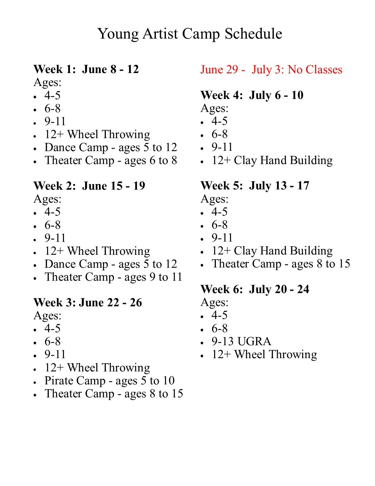 Schedule for Young Artist Camp listing weekly dates, activities, and age groups, with a note that June 29 to July 3 has no classes.