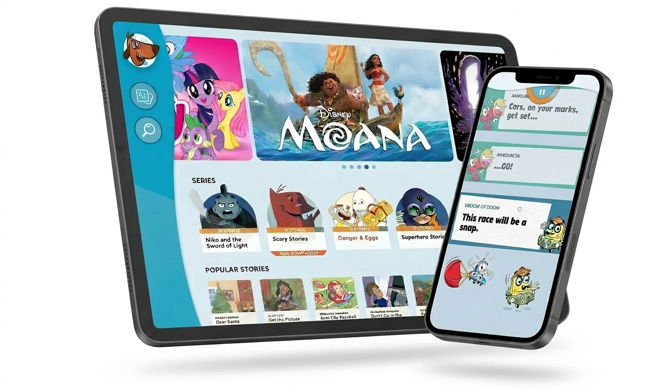 Tablet and smartphone displaying children's story app with characters from Disney's Moana and animated characters on the screens.