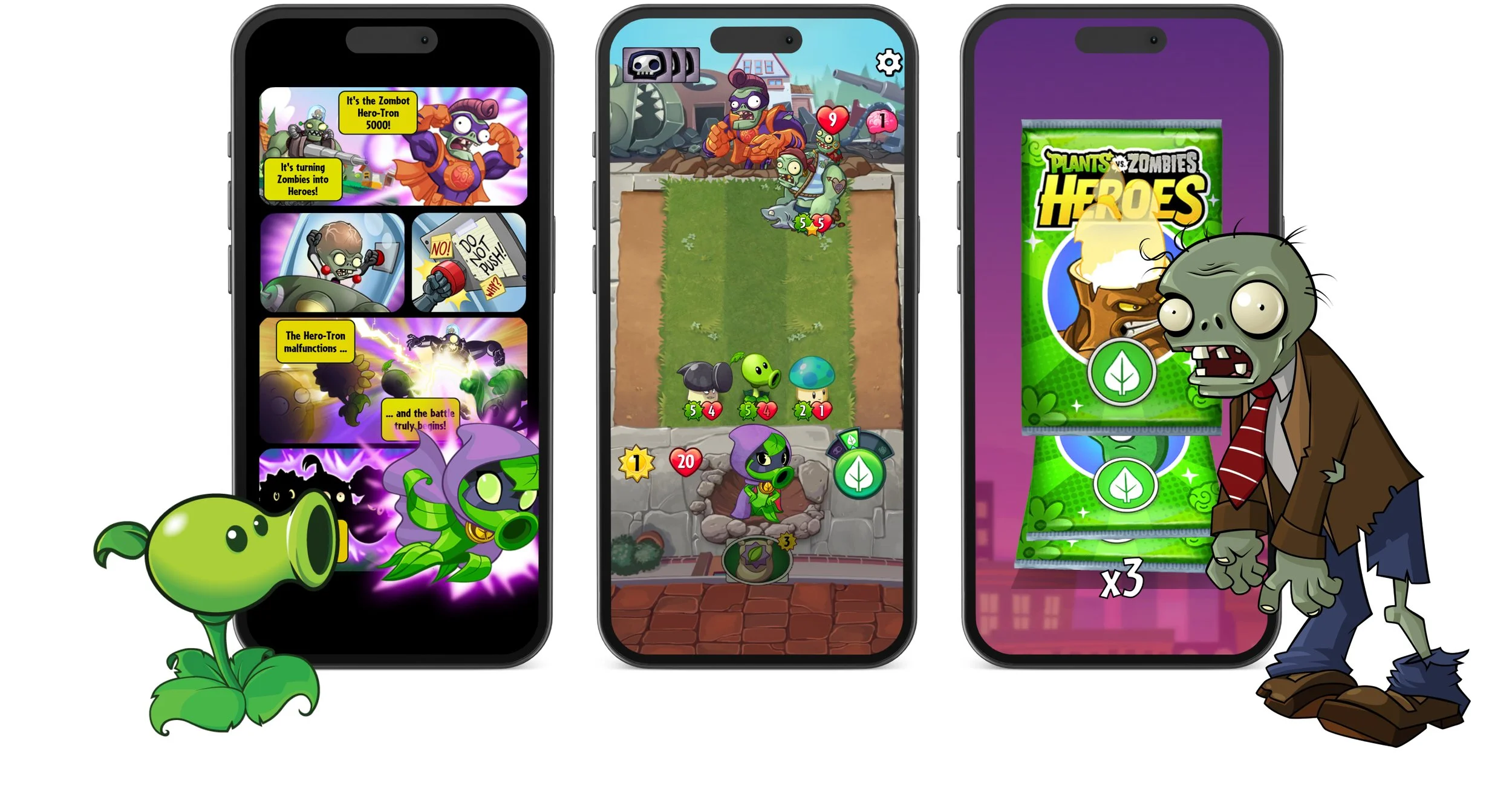 Three smartphones displaying different screens of Plants vs. Zombies game with cartoon zombies and plants. An animated zombie character with a tie standing beside the phones.