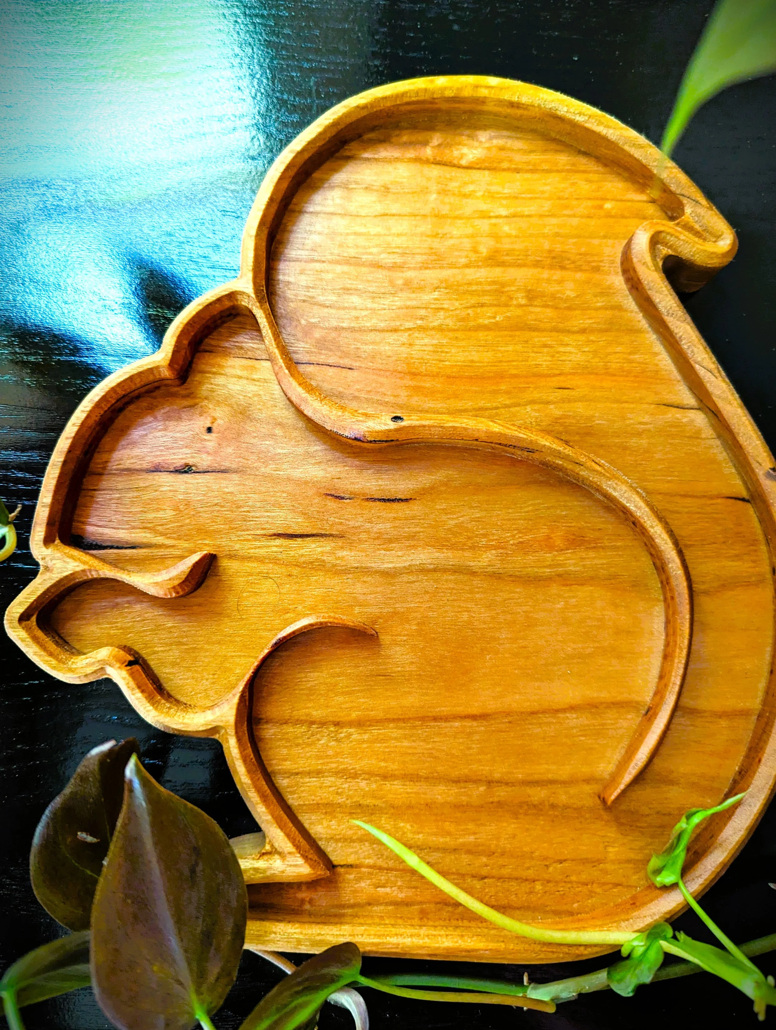 Squirrel catchall tray made from premium Appalachian wormy maple wood in Asheville, NC. Perfect for organizing and storing jewelry, coins, keys, food, tobacco, and other items.