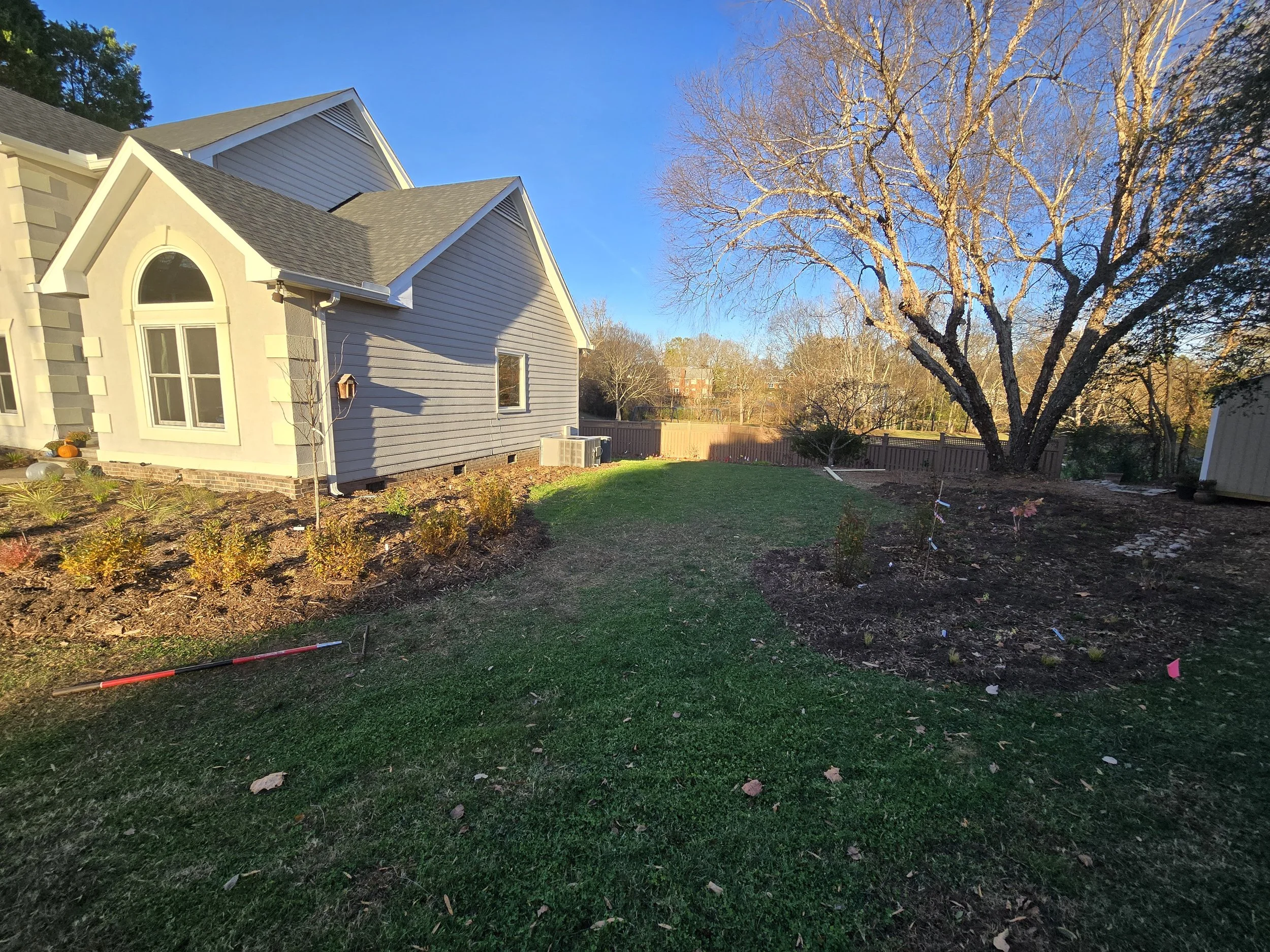 After - side yard beds.  Entrance to the side yard flanked by Merlot redbud, hummingbird  sweet pepperbush and american beautyberry on the left and a peach tree, virginia sweetspire, american beautyberry and oakleaf hydrangea on the right.