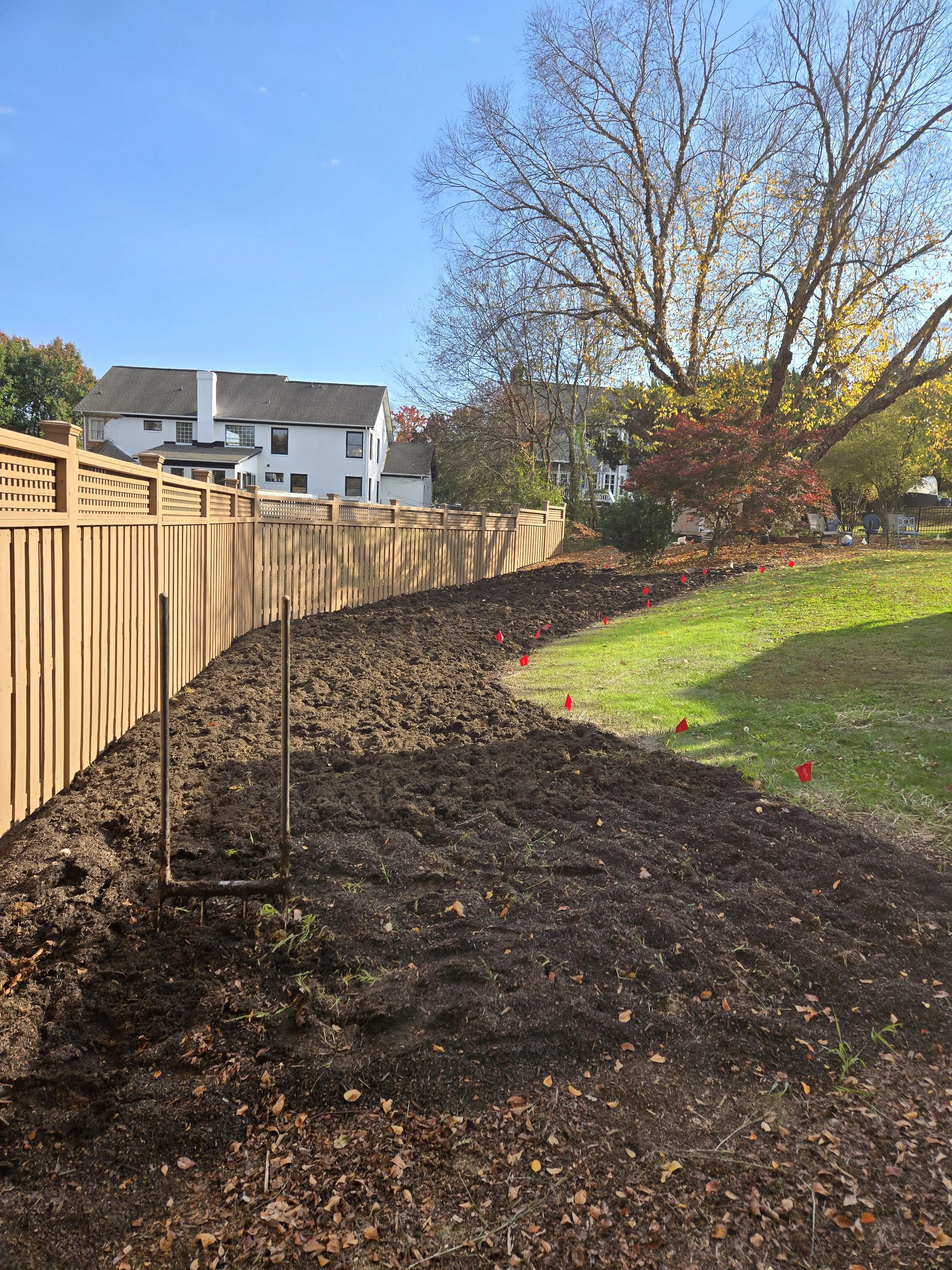 Back border soil prep - broadforking in compost/pine bark fines mix to incorporate organic matter without destroying soil structure.