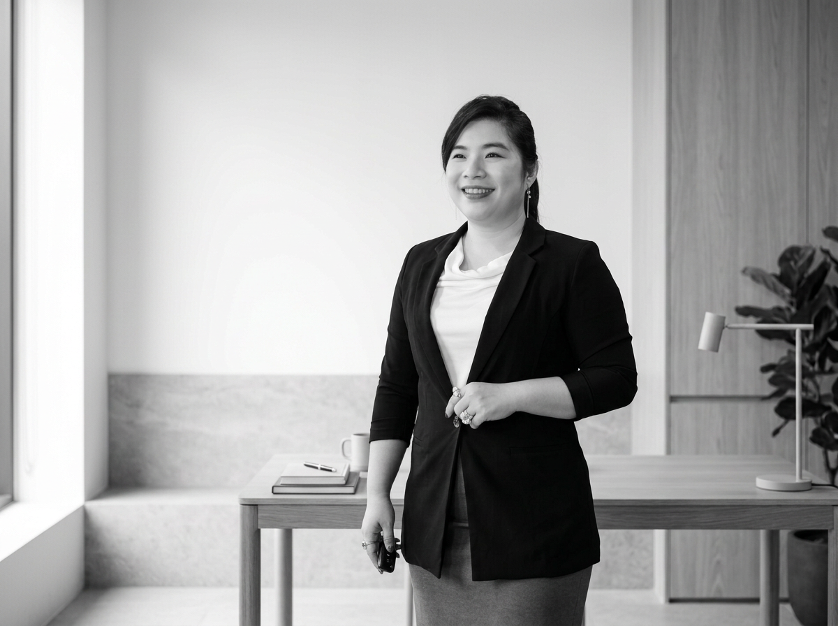A woman in a blazer laughing in an office setting with a desk, books, a notepad, a pen, a mug, a desk lamp, and a potted plant.