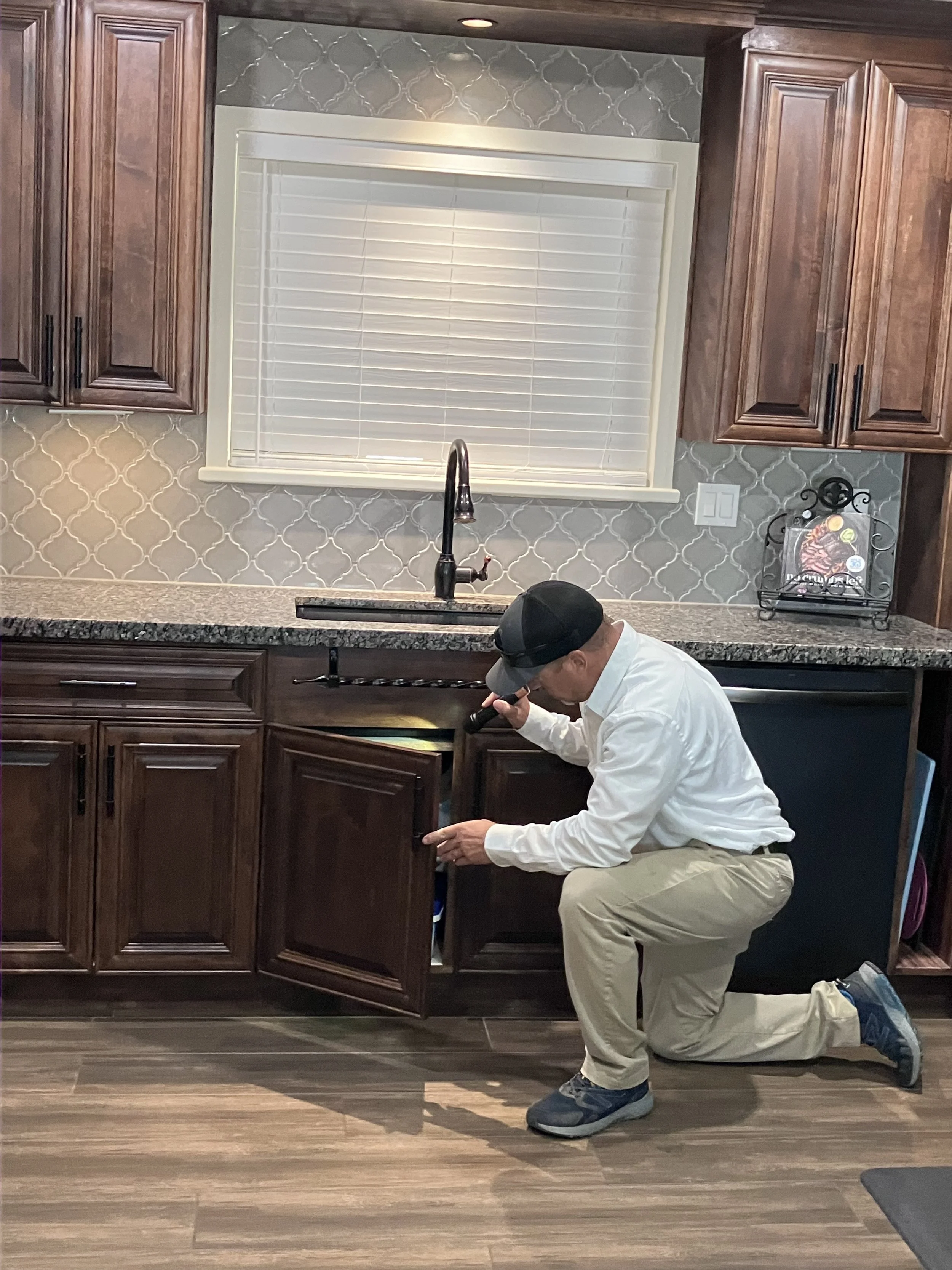 Pest Free AZ inspecting inside cabinet