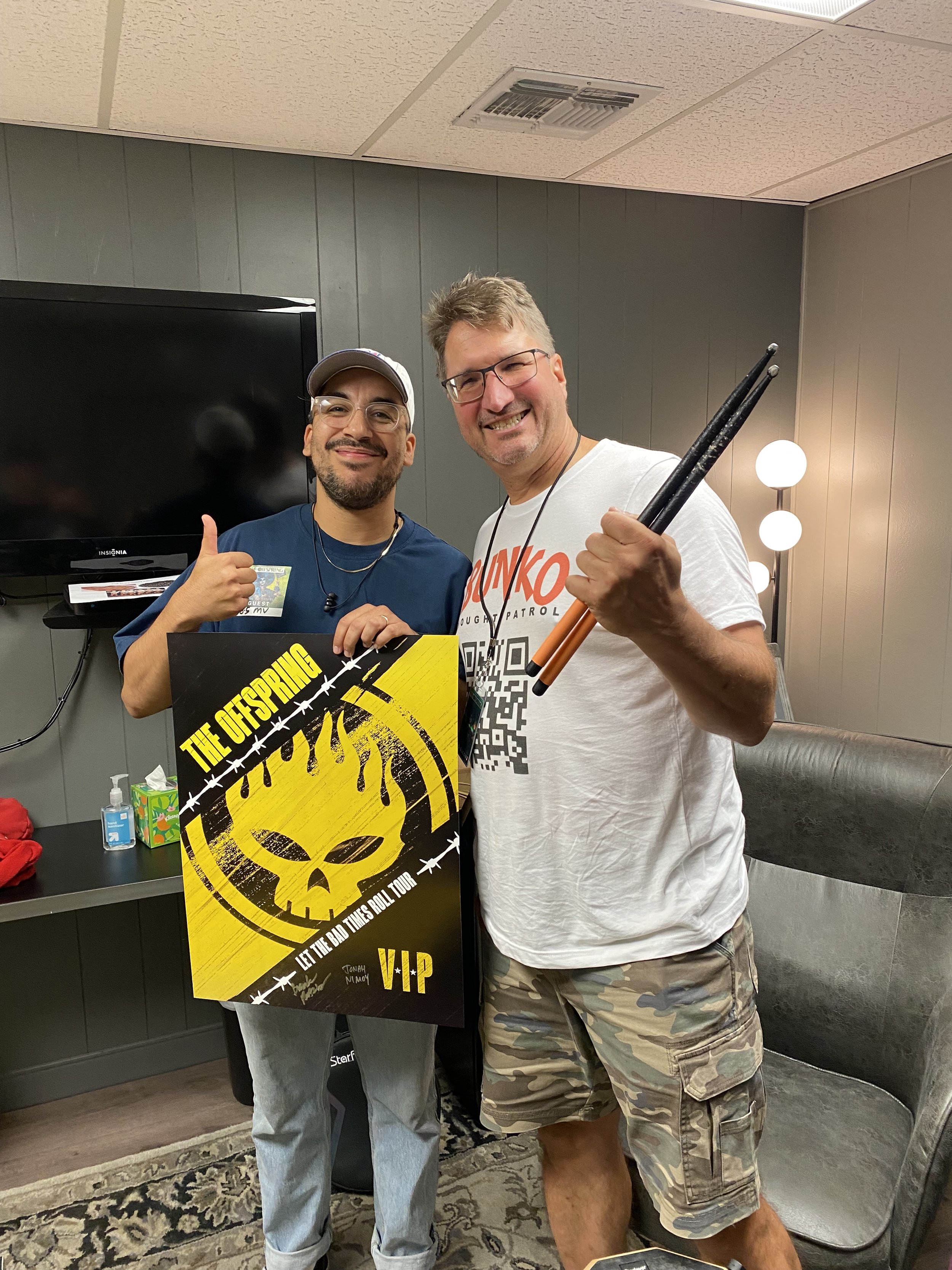 Alex with James Lilja, founding member of The Offspring, preparing to play live at the Shoreline Amphitheater.