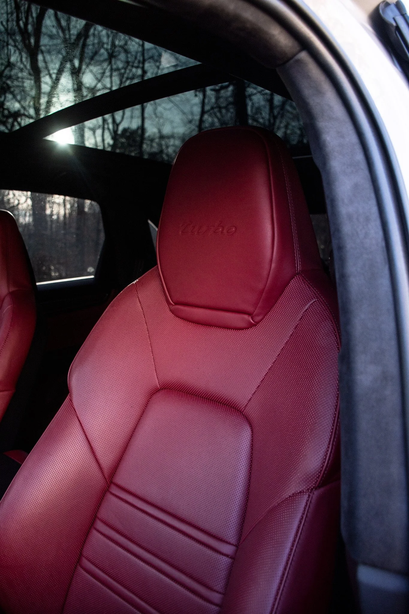 Close-up of a red leather car seat with textured surface and embroidered logo, inside vehicle with a dark background of trees visible through the window.