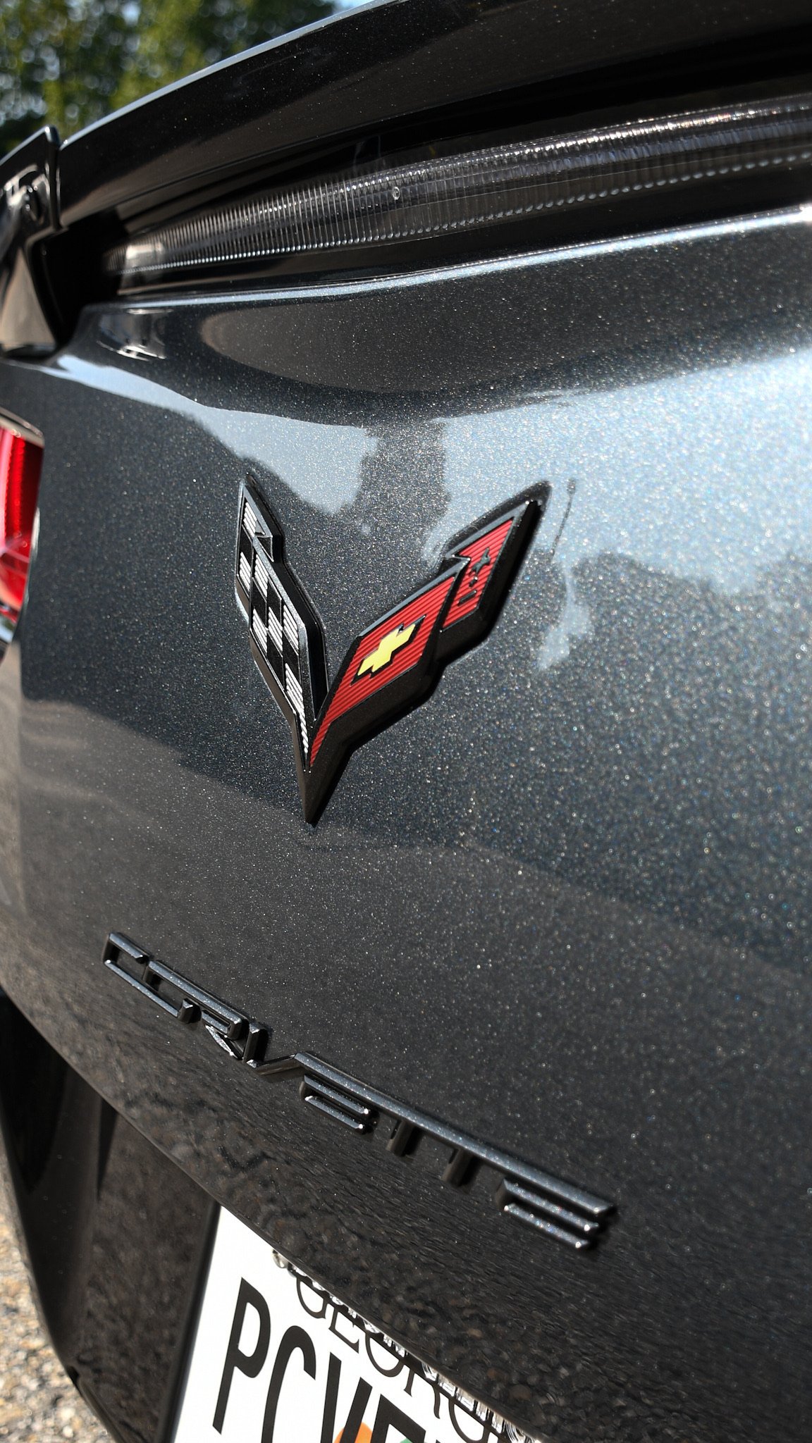 Close-up of a Chevrolet Corvette emblem on the rear of a metallic gray car, with part of the license plate visible below.