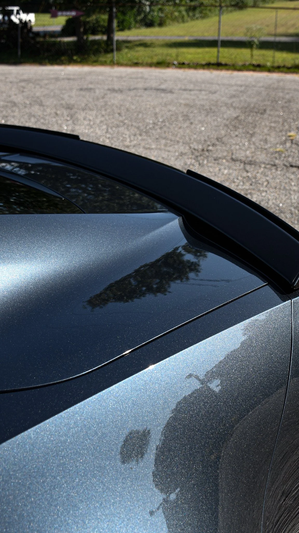 Close-up of a shiny metallic blue car hood reflecting trees and the sky, with part of the windshield and roof visible.