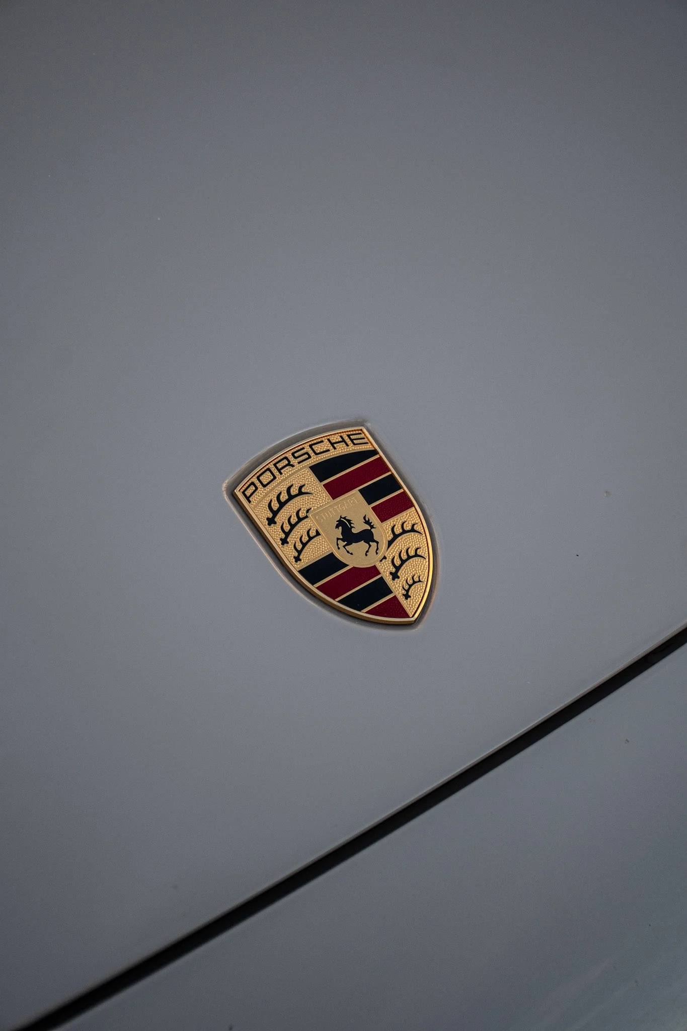 Close-up of a Porsche emblem on a gray car hood.