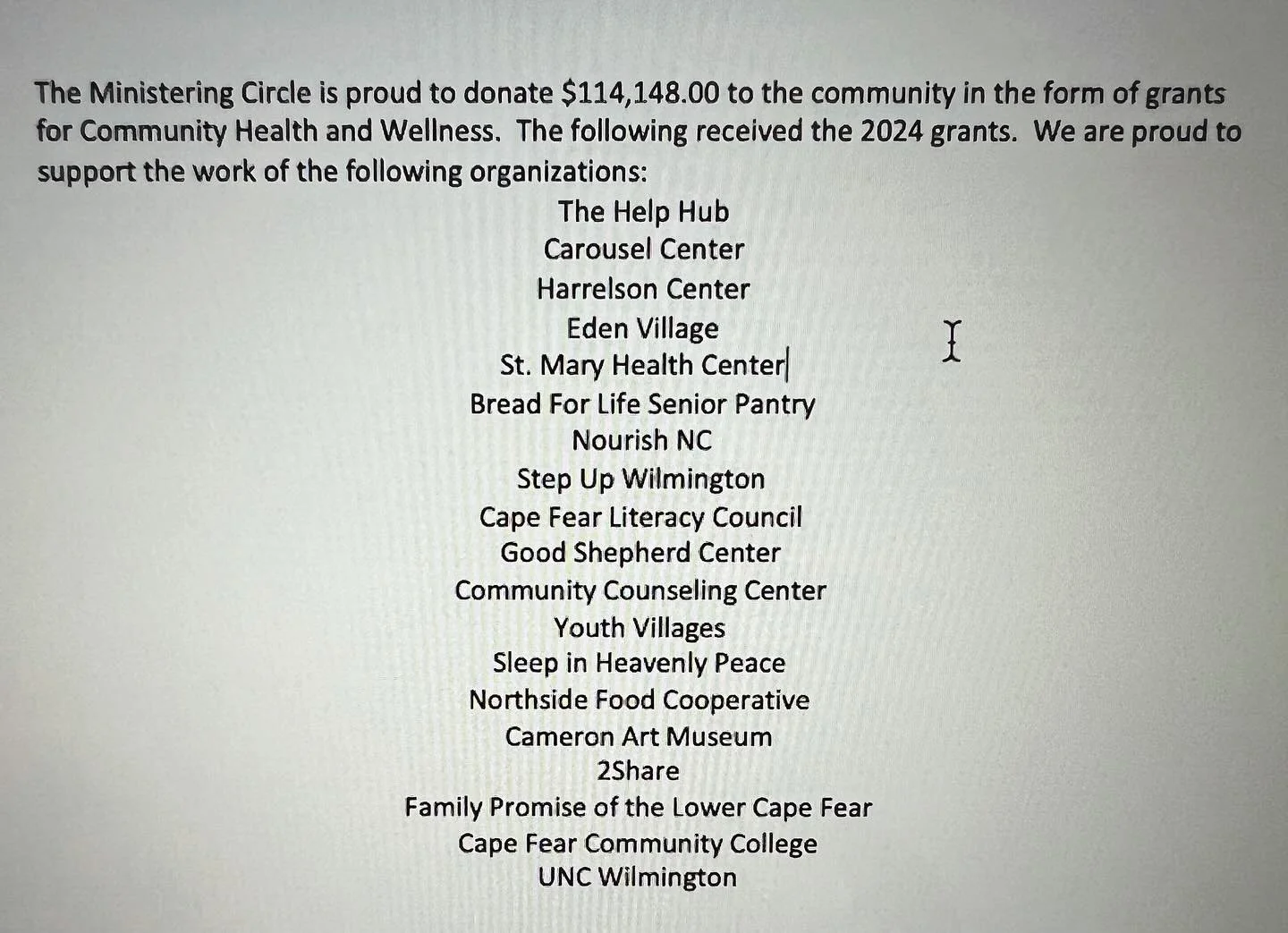 The Ministering Circle is proud to support the above organizations in the community . These grants are made possible by proceeds from the GOURMET FOR A CAUSE SALE, to be held November 2, 2024, sponsors, donations and raffle ticket sales!  #helphub #h