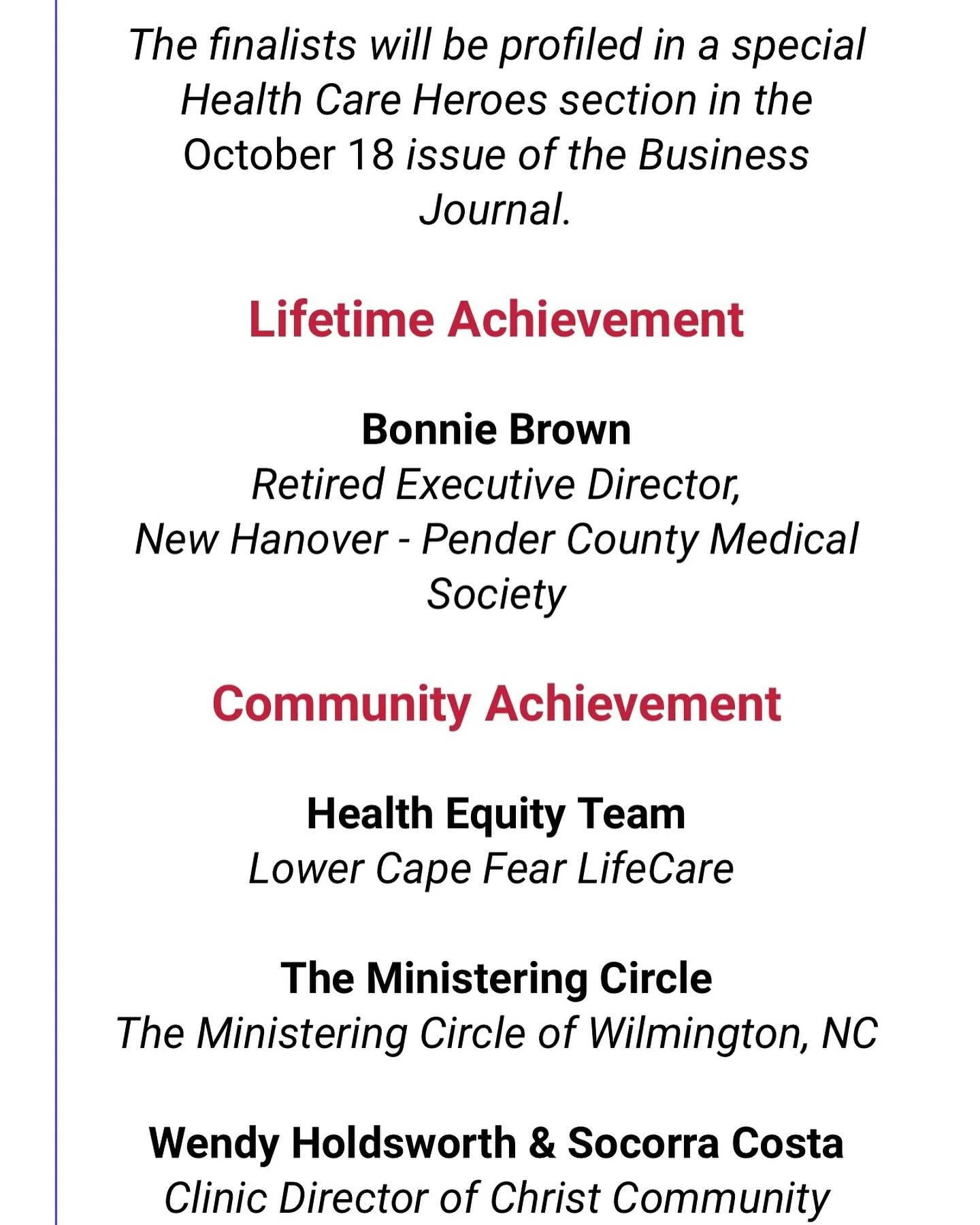 The Ministering Circle is proud to be among the finalist in the Health Care Heros with other outstanding organizations in our area.
Ministering Circle serving the community for 136 years. www.theministeringcircle.com  #healthcareheroes #cfccnursing #