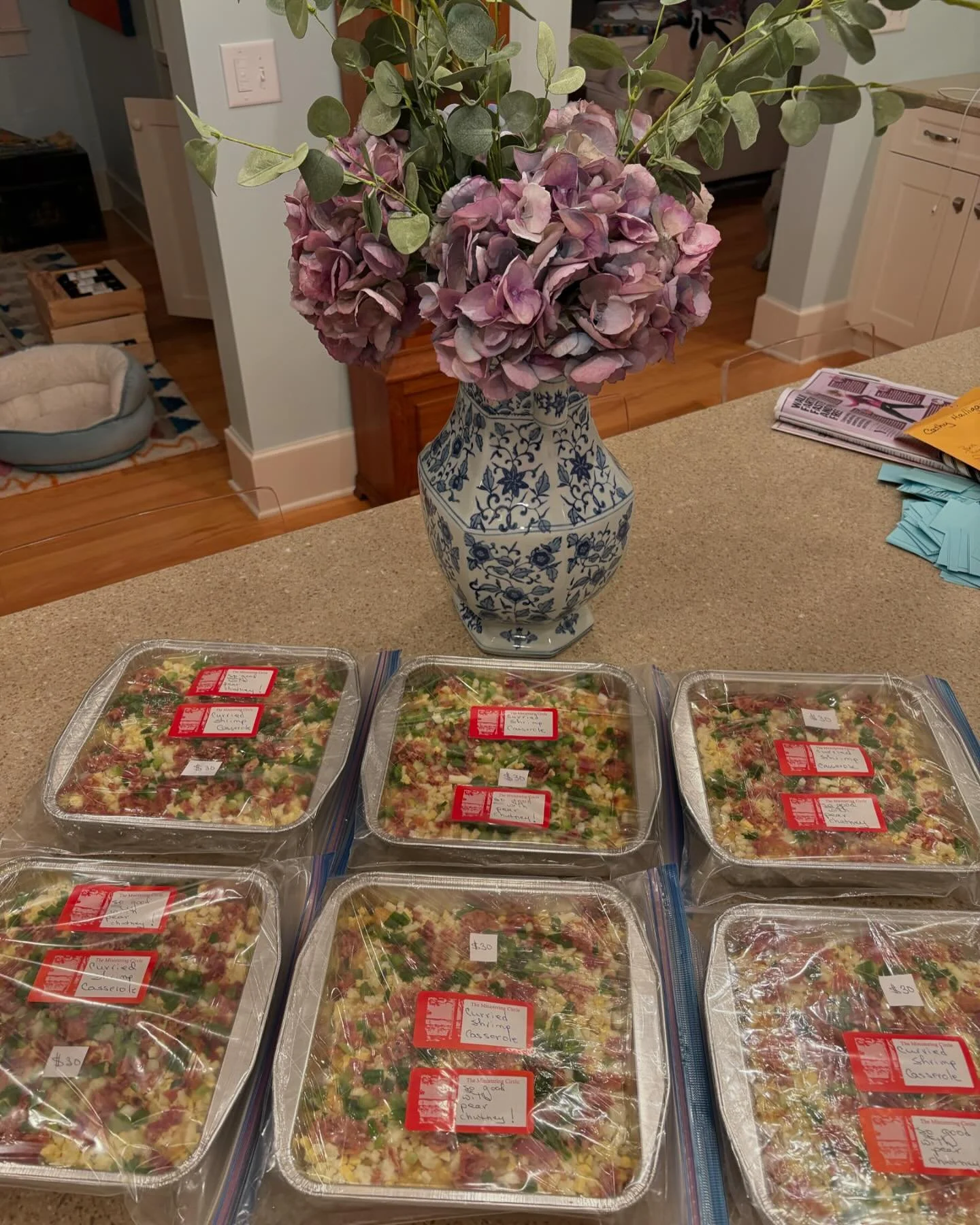 Ministering Circle members busy preparing wonderful dishes for November 2nd Gourmet for a Cause!  To benefit local Health and Wellness grants! Pictured here!
Curried shrimp casseroles..scrumptious served with pear chutney!
www.theministeringcirclle.c