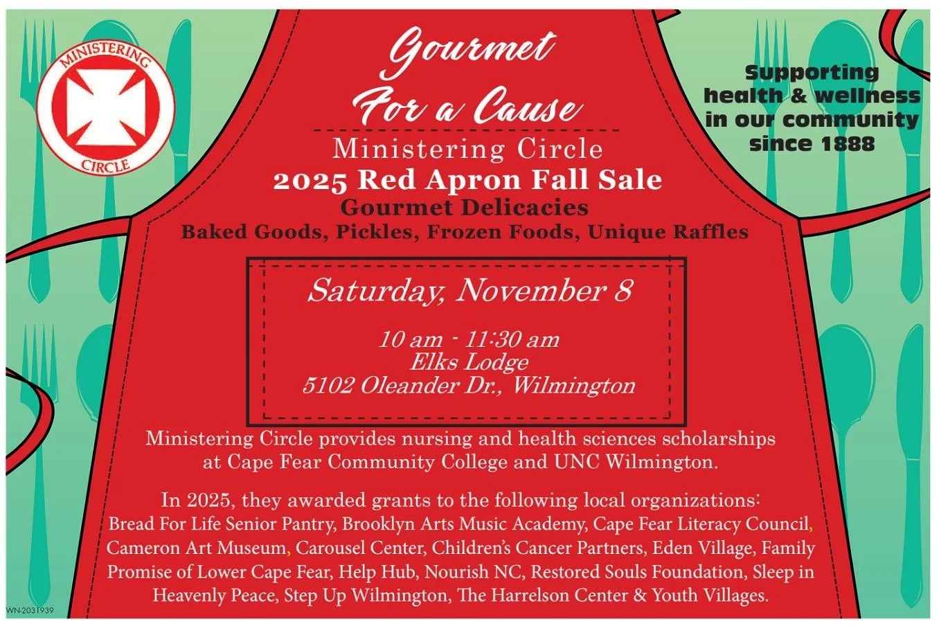 Mark your calendars for Nov 8th for the annual Red Apron Fall Sale at the Elks Lodge!! Proceeds go to help support organizations such as @theharrelsoncenter @stepupwilmington @nourish_nc @camartmuseum @thecarouselcenter @edenvillagewilmington @brookl