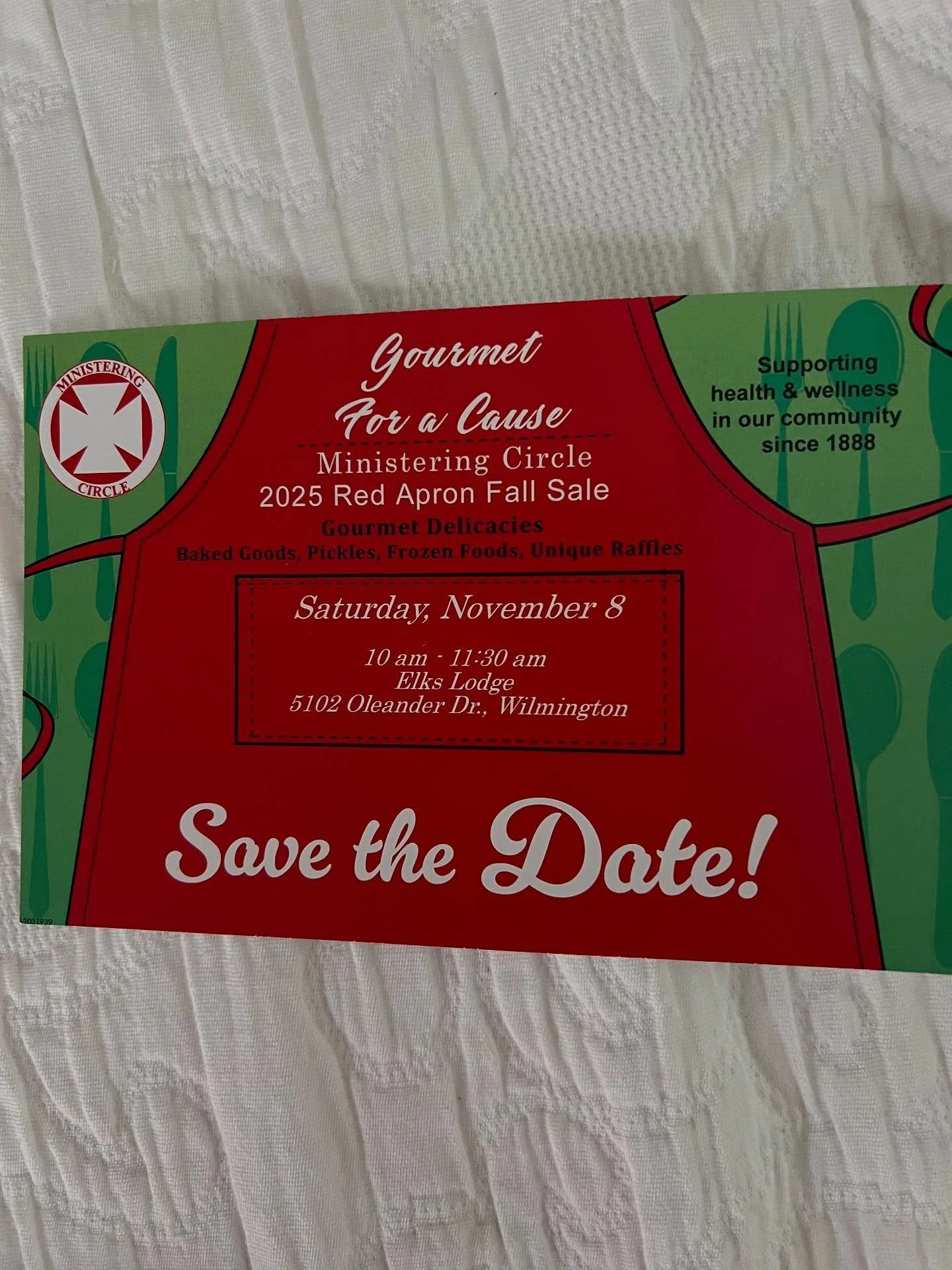 It may be July but the members of the Ministering Circle are getting ready for November with raffle sales and wonderful dishes!  Thank you to the wonderful Raffle sponsors!  The community is the true winner.
Last year over 124,000.00 back into the co