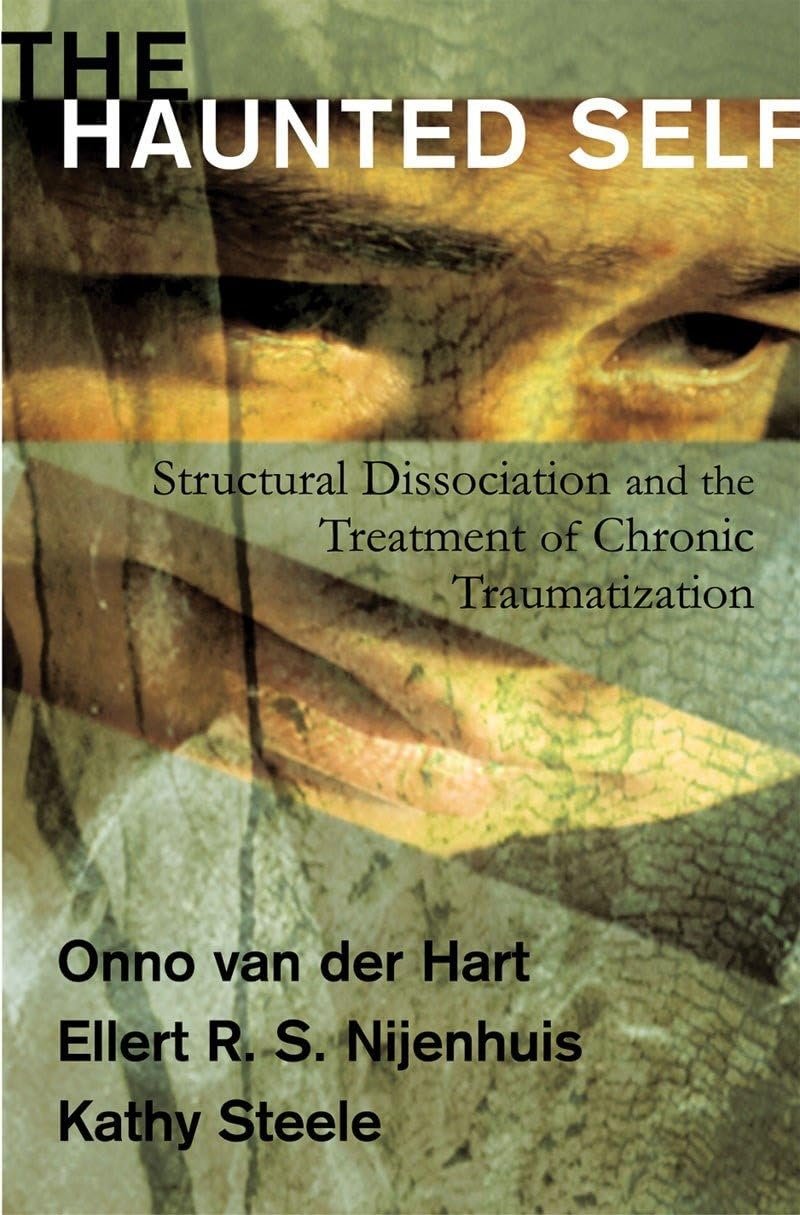 Close-up of a person's face with one eye visible, overlaid with abstract textured patterns and greenish hues, featuring the title 'The Haunted Self' and the subtitle 'Structural Dissociation and the Treatment of Chronic Traumatization,' along with author names Onno van der Hart, Ellert R. S. Nijenhuis, and Kathy Steele.