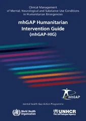 Cover of the mhGAP Humanitarian Intervention Guide related to mental health in humanitarian emergencies, published by the WHO and UNHCR.
