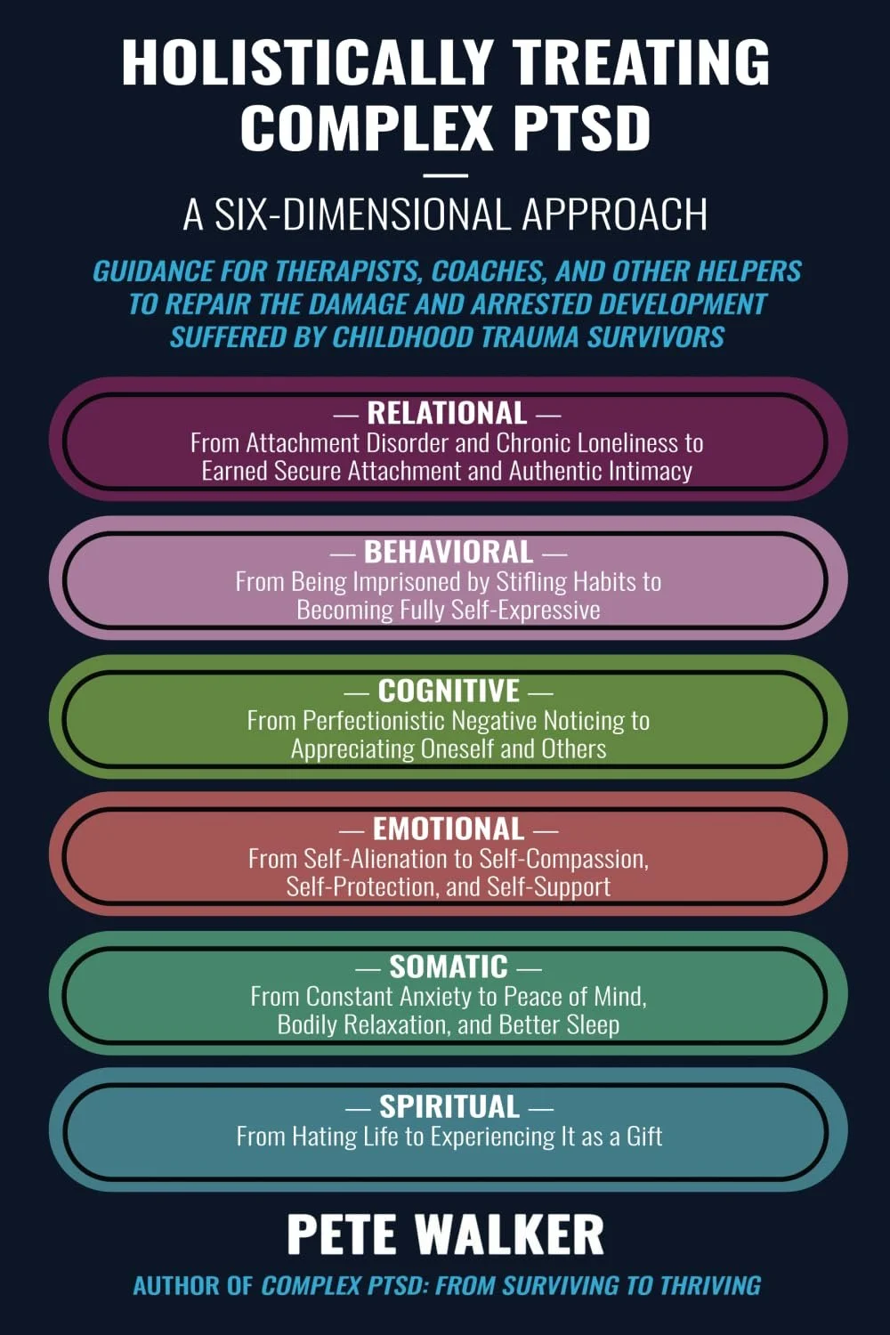 Infographic on holistic treatment of complex PTSD with six dimensions: relational, behavioral, cognitive, emotional, somatic, and spiritual, by Pete Walker.