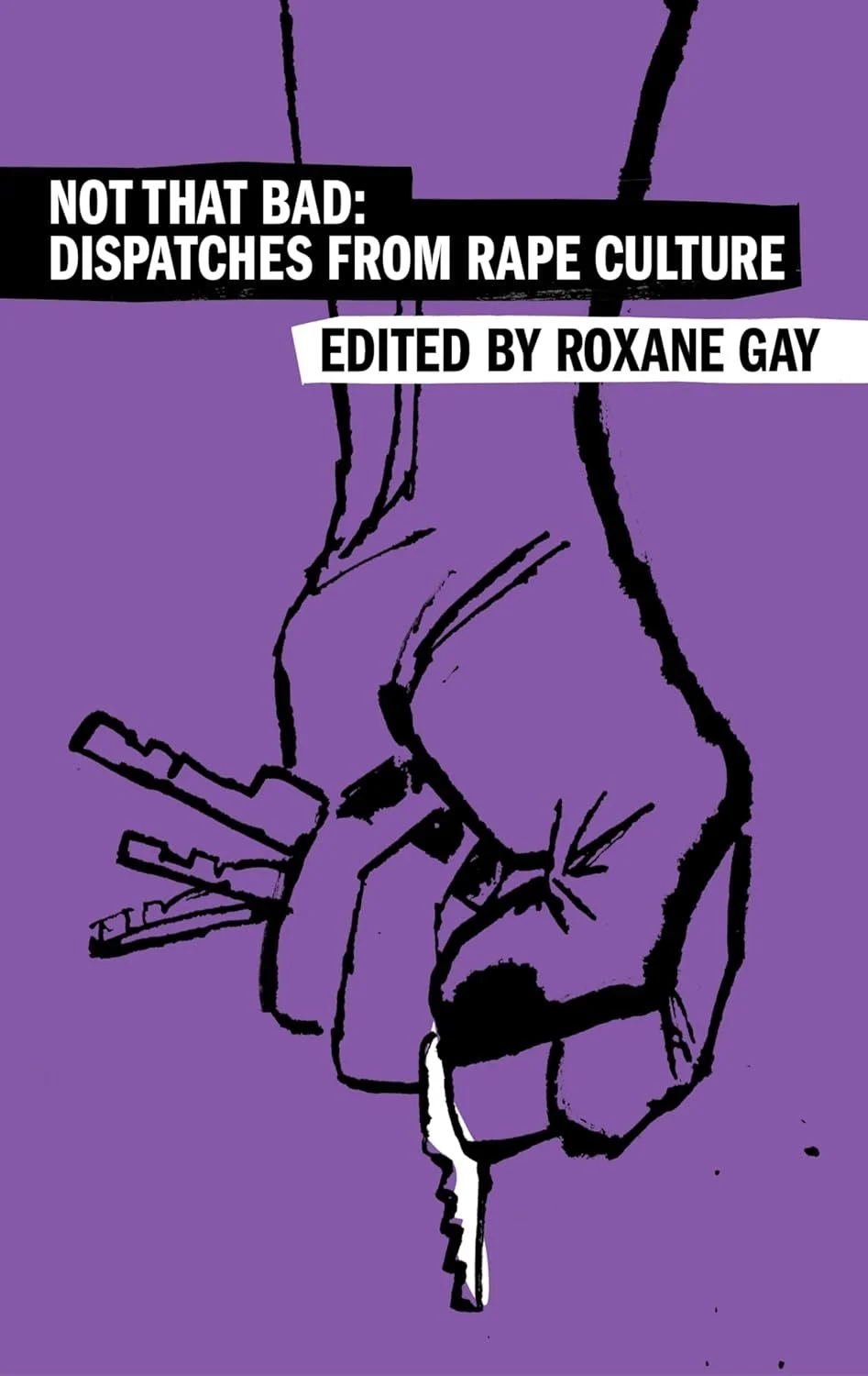 Purple cover with black and white text reading 'Not That Bad: Dispatches from Rape Culture, Edited by Roxane Gay.' Illustration of a hand holding pills and a drink.