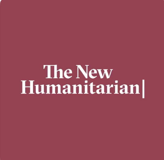 A maroon background with white text that says "The New Humanitarian."